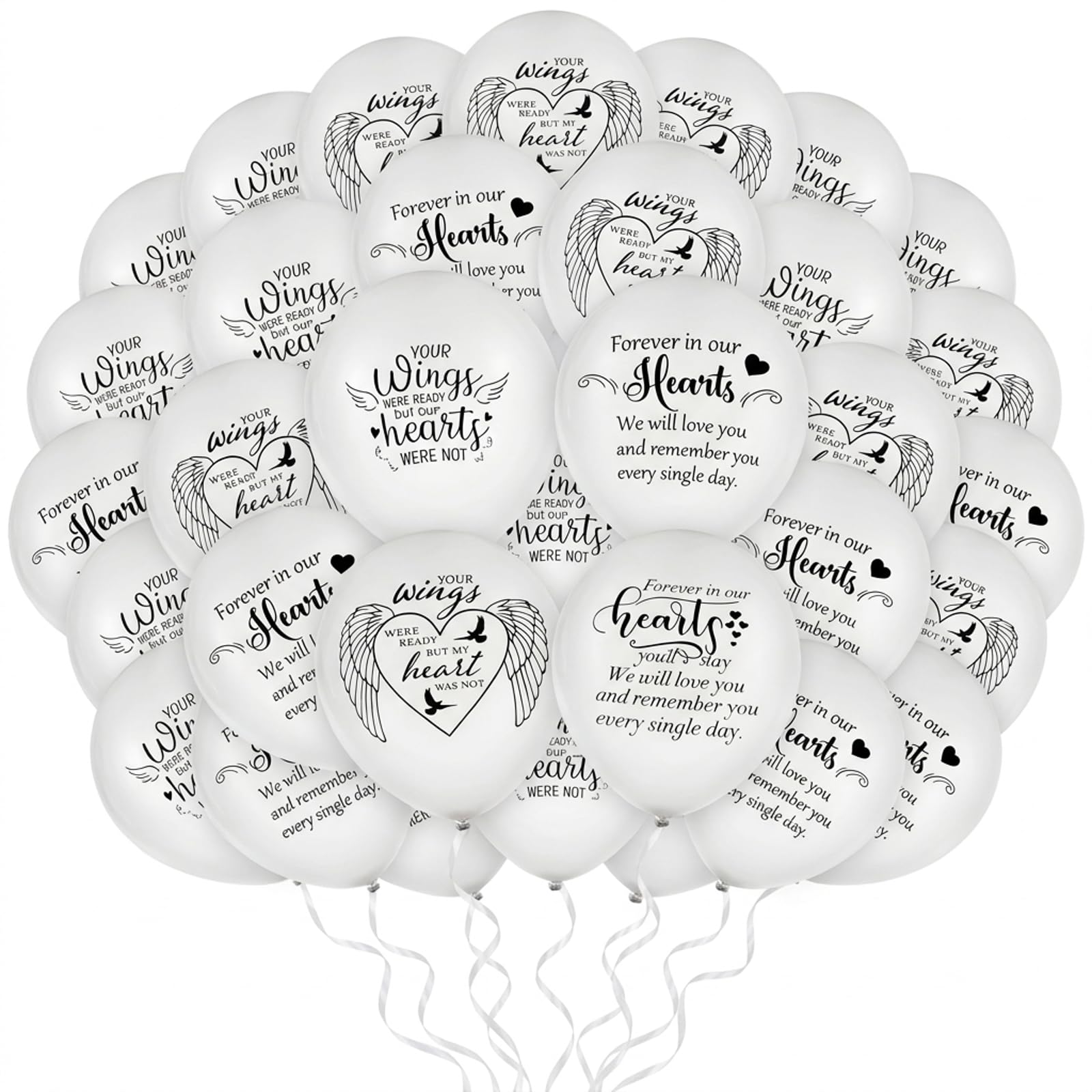 60PCS White Latex Memorial Balloons,Funeral Memorial Balloons,with White Ribbon,Biodegradable,for Funeral Release and Decoration(12 Inch)