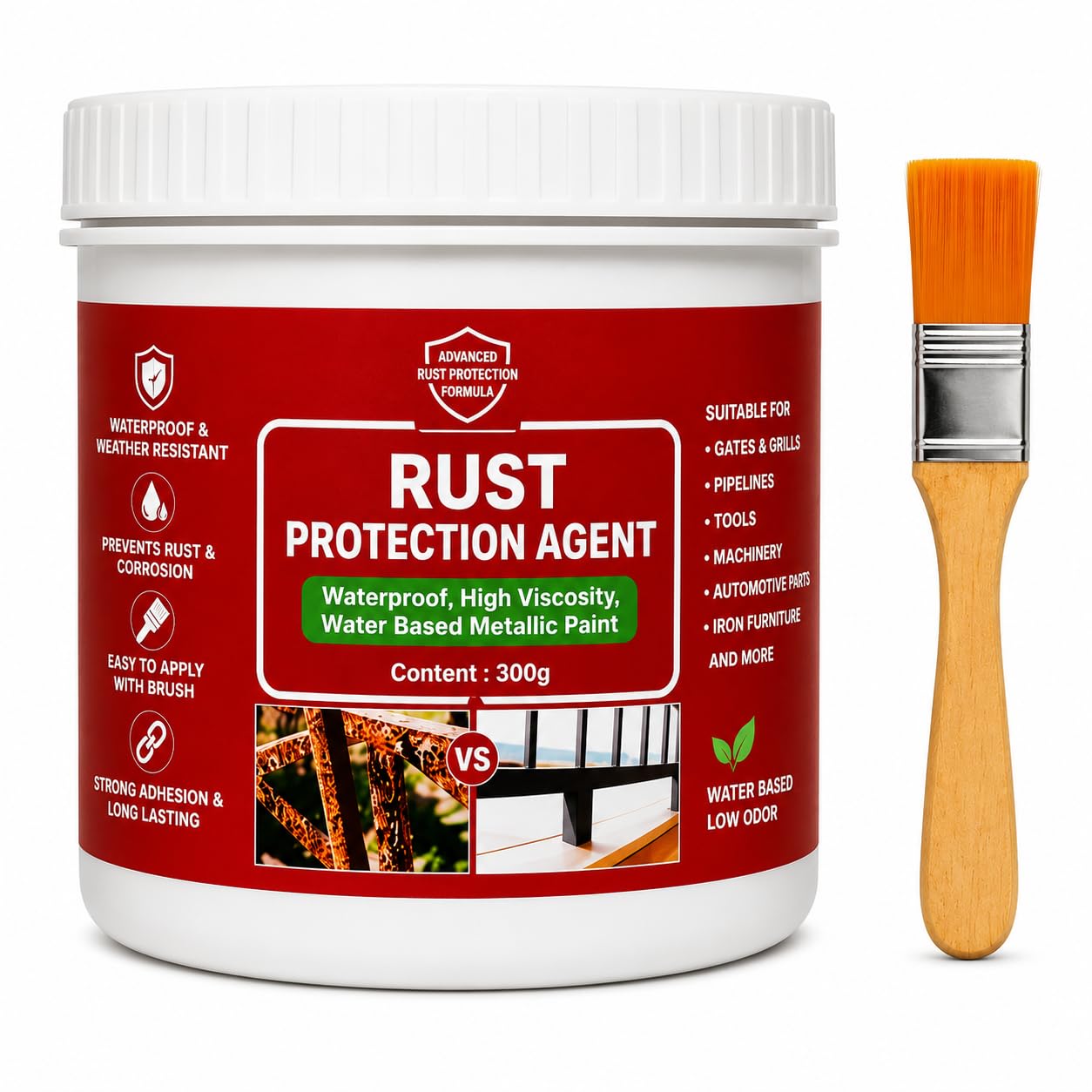 Rust Protection Agent 300g with Brush | Water-Based Anti Rust Coating for Metal Surfaces | Waterproof & Weather Resistant | Suitable for Gates, Grills, Tools, Machinery & Pipelines | Pack of 1 (300g)-image-7