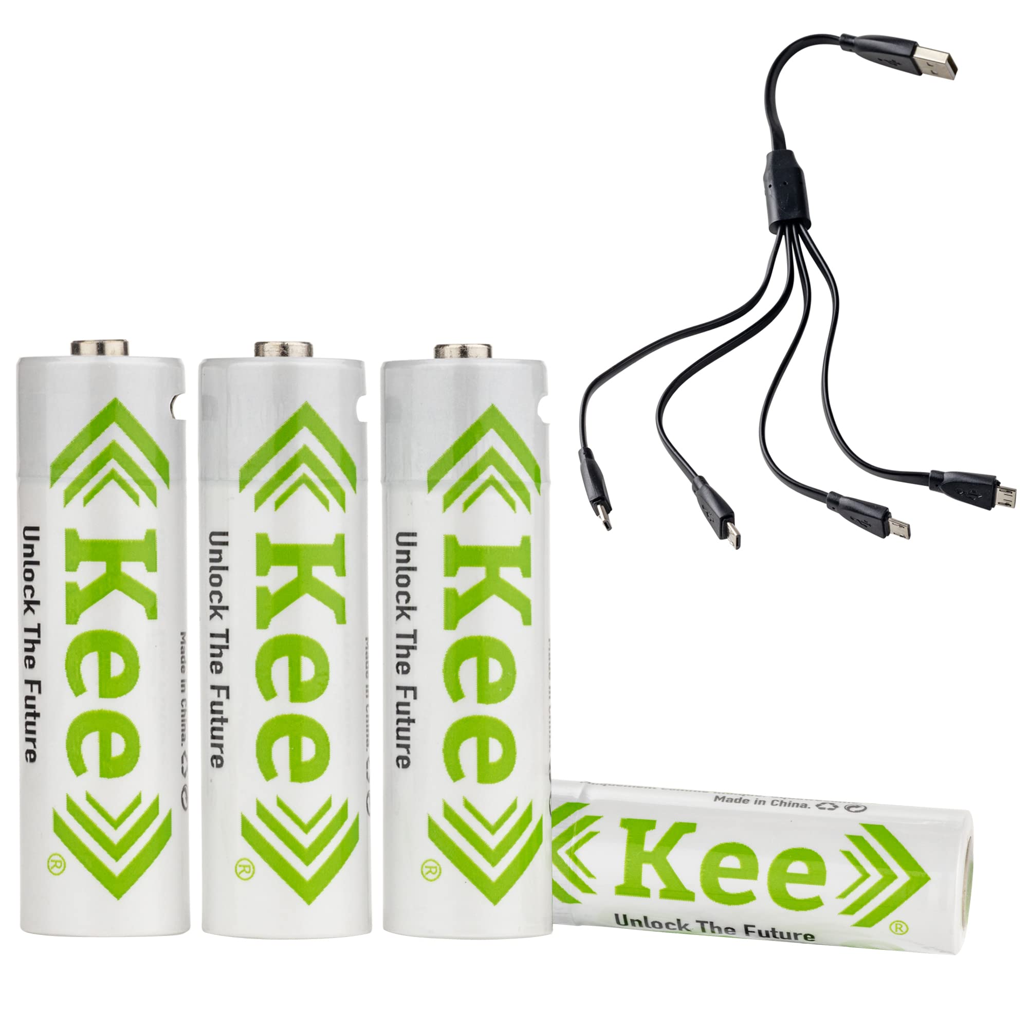 Kee AA USB Lithium-Ion Rechargeable Batteries 4-Pack, Charges in 2 Hours or Less, Over 1000 Charge Cycles, 4-to-1 USB to Micro USB Charging Cable, Fast, Easy & Convenient, LED Charge Indicator