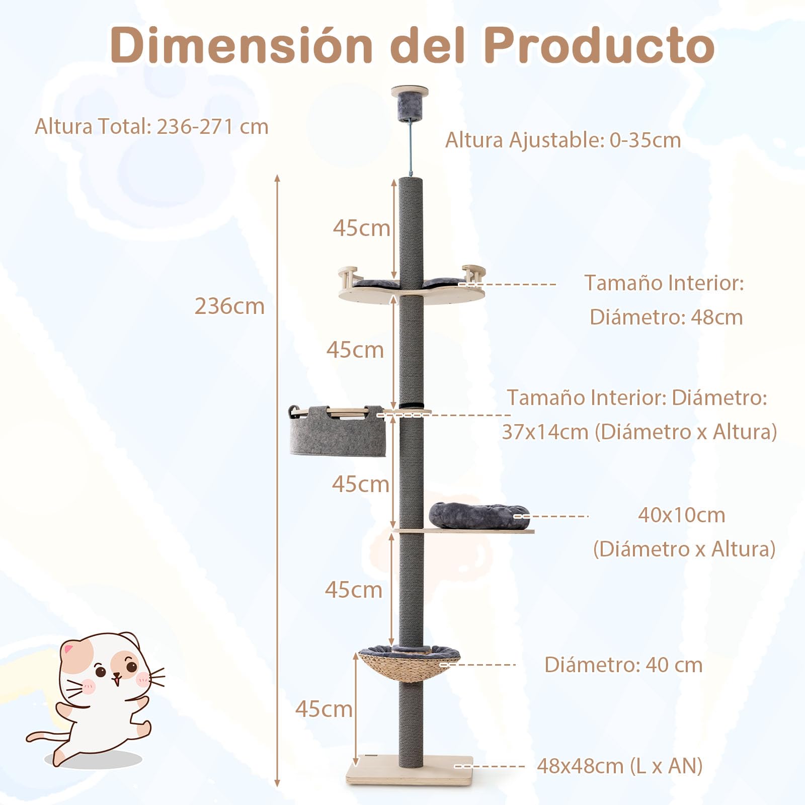 GOPLUS Árbol de Gato de Suelo al Techo, Altura Ajustable 236-271 cm, Grande Árbol de Gato de 5 Niveles con Poste Rascador Trampolín Cama Tipo Cesta Hamaca