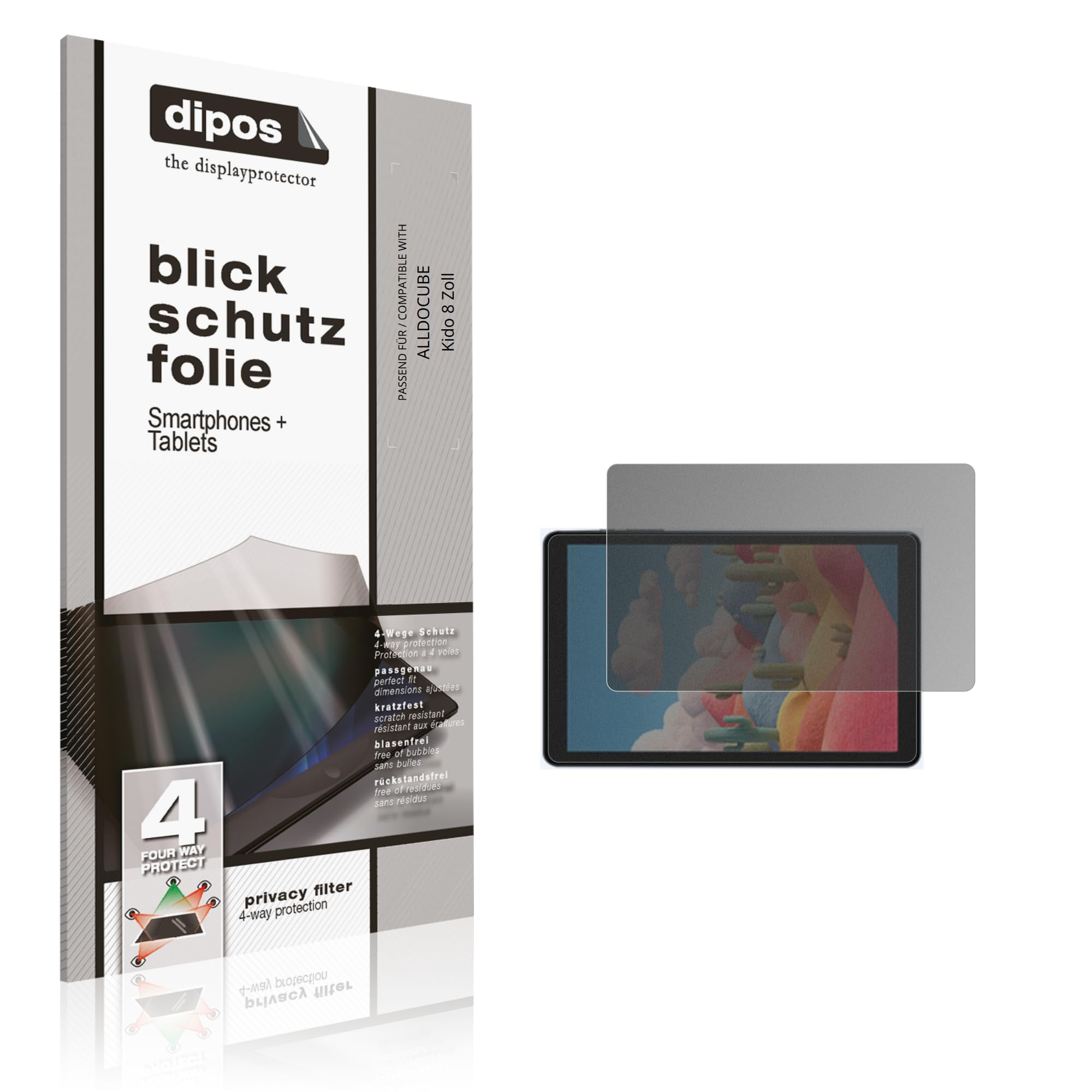 dipos Protector de Pantalla Antiespía para ALLDOCUBE Kido 8 Zoll | Película protectora mate, filtro de privacidad 4 vías, ajuste perfecto, antiarañazos, sin burbujas, autoadhesivo