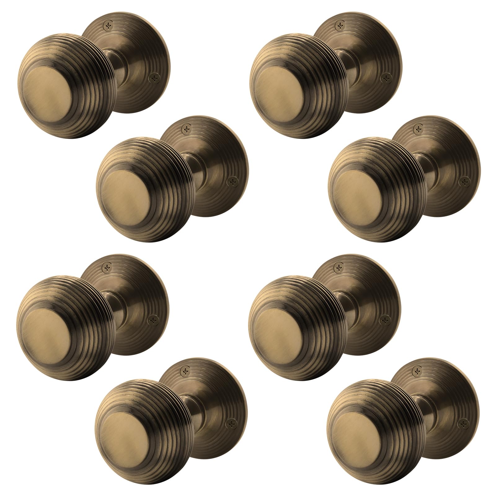 EAI Beehive Door Knobs Antique Brass | 4 Pairs of Reeded Mortice Knobs (55mm) for Internal Doors