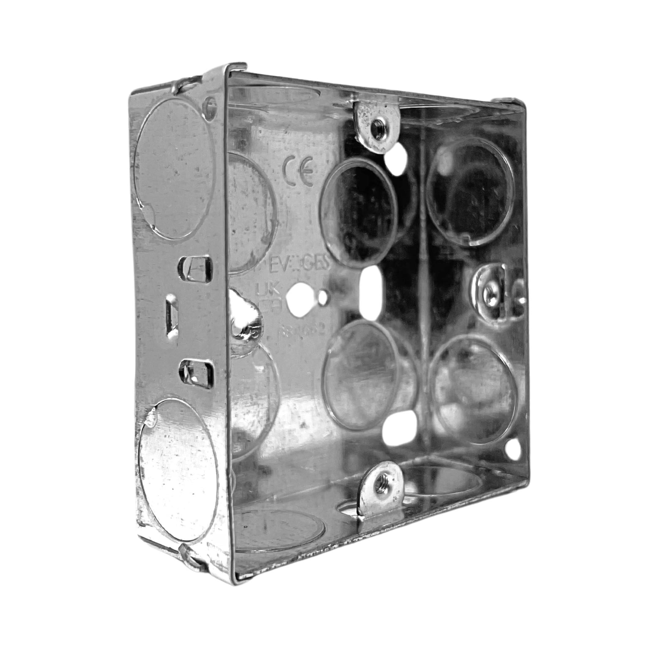 Evoges Single Metal Back Box, 25mm, 1 Gang, 1.0mm Thickness for Electrical Sockets Switches, BS4662 Standard, 20mm Knockouts, Adjustable Lug, Brass Terminal (Pack of 2)