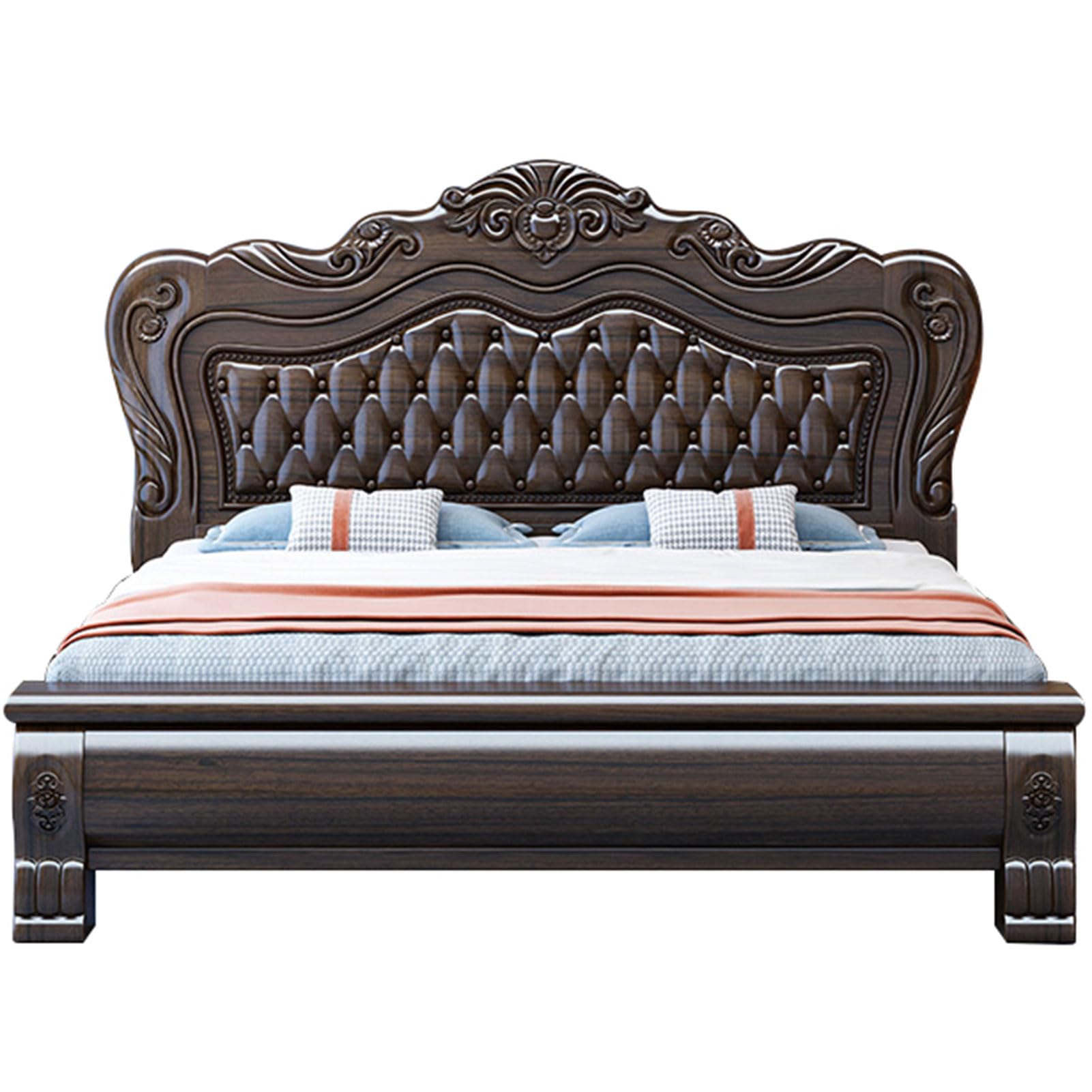Vintage Wooden Queen Size Platform Bed Wooden Slats Support King Size Upholstered Platform Bed Frame Noise-Free