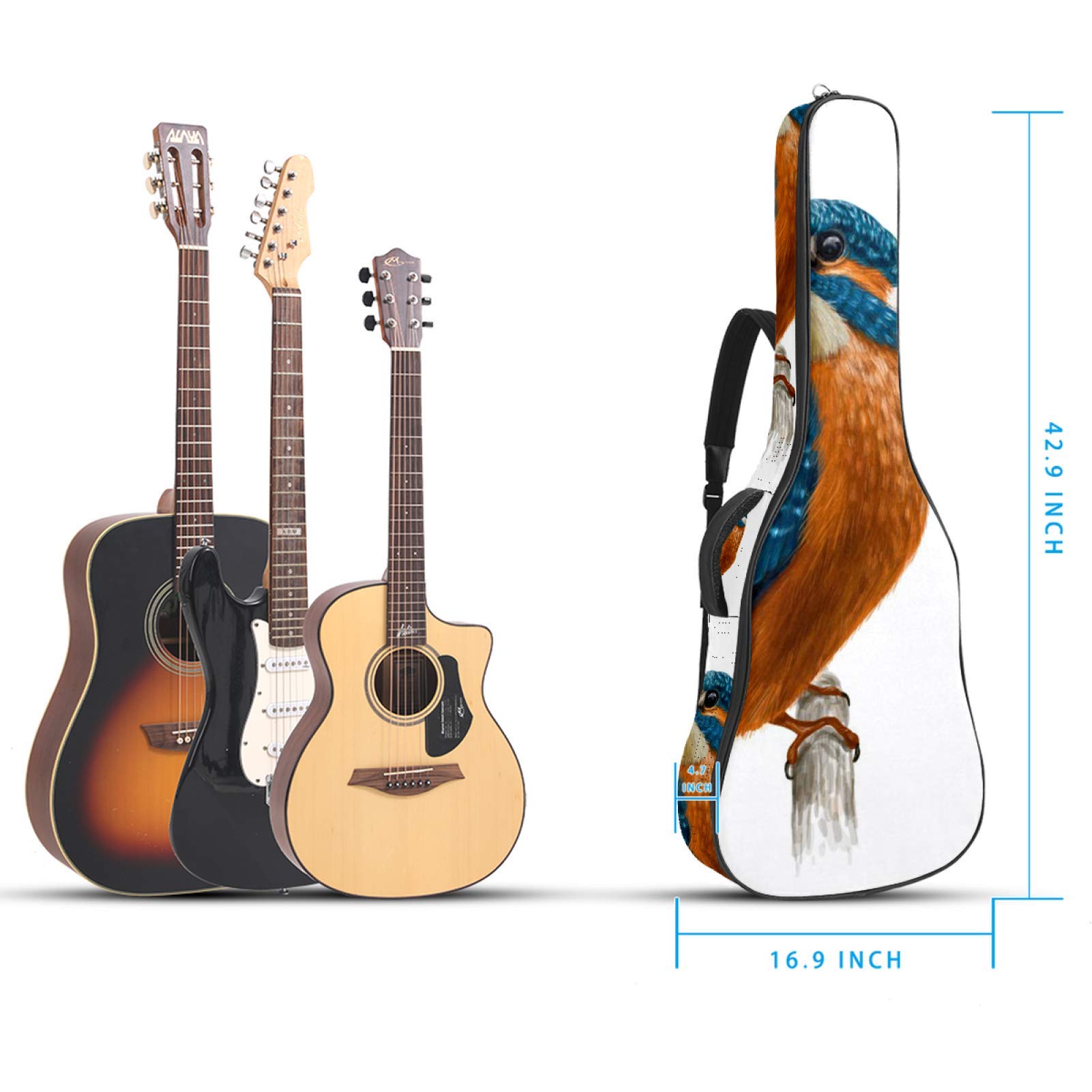 Gigbag für Gitarre, wasserdicht, Reißverschluss, weich, für Bassgitarre, Akustik- und klassische Folk-Gitarre, Kingfisher Bird