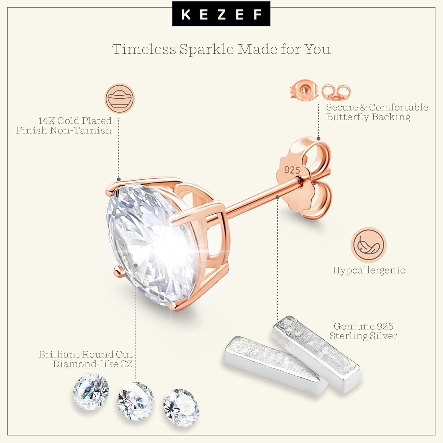 KEZEF Sterling Silver Stud Earrings for Women & Men - 4-Prong Setting Cubic Zirconia Earrings Studs - Premium CZ S925 Hypoallergenic - Available in 14K White and Yellow Gold, Rose Gold - 3mm to 9mm - Image 3