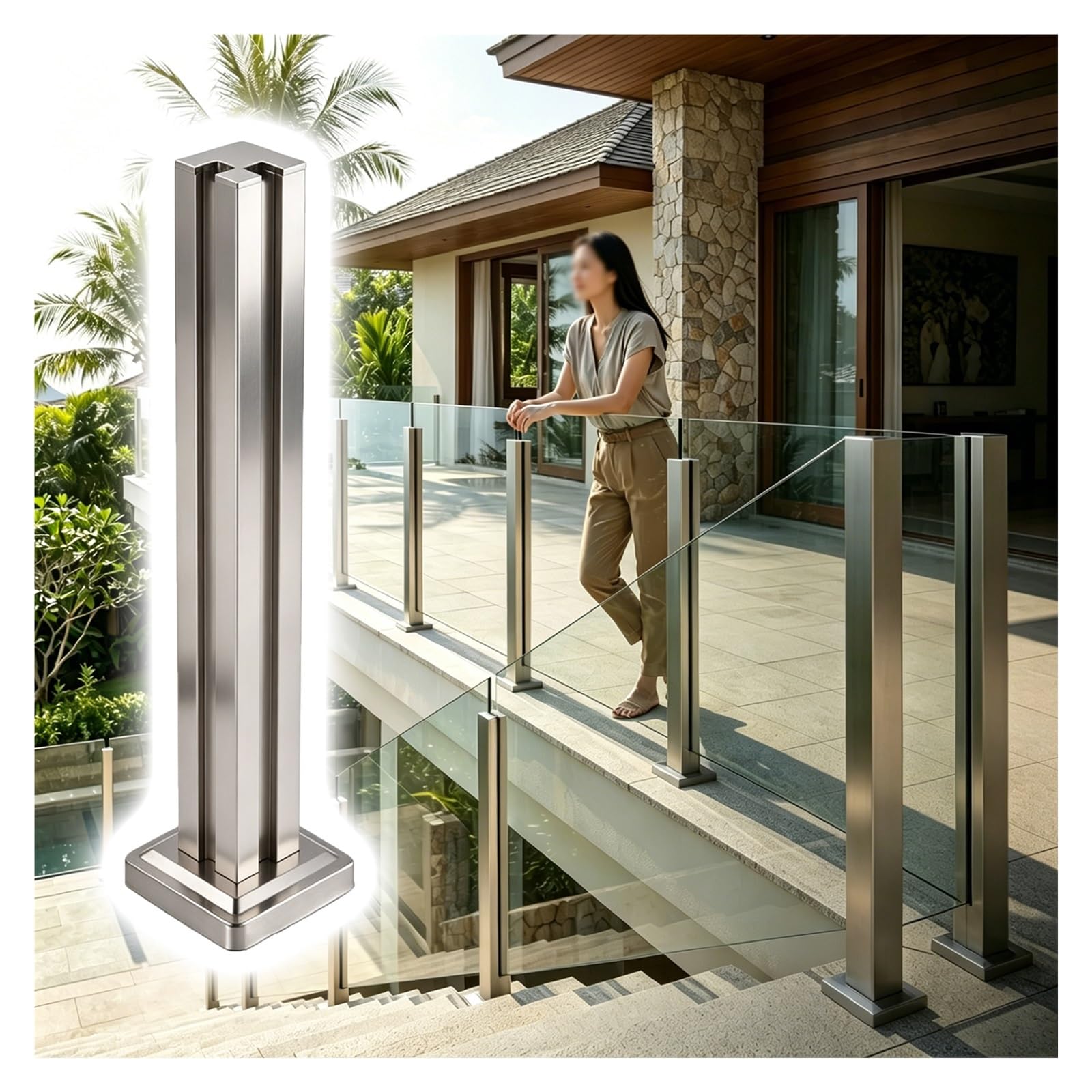 ZJKXJH Glass Fixing Railing Post, Glass Floor Fixed Column with Fittings, Frameless Panel Slot Post for Deck/Porch/Courtyard, Easy to Install(Corner Post-Silver,H-34in/86.4cm)