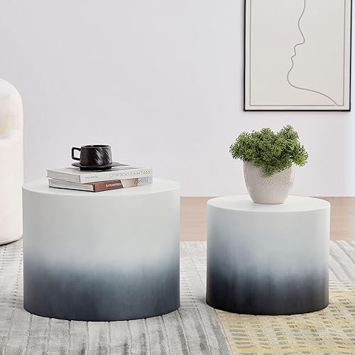 Miniatura 26 de kevinplus Juego de 2 mesas auxiliares anidables para sala de estar, juego de mesa auxiliar redonda moderno, mesa auxiliar circular de madera y Negro