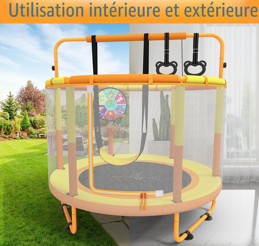 CZCPAPY Trampoline pour Enfants, Trampoline pour Enfants Extérieur, Utilisation Intérieure et Extérieure, avec Filet de Sécurité, Panier, Poteaux, Balançoires, Cadeau pour Enfants (jaune orange)