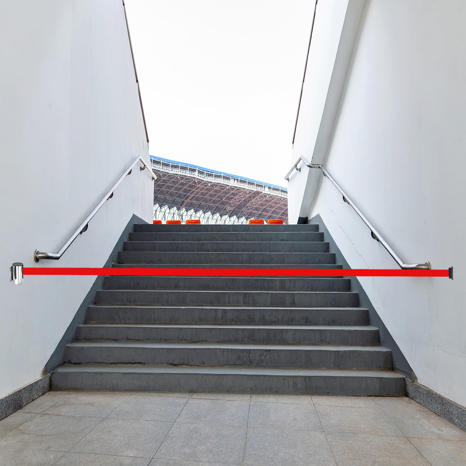 PATIKIL Barrera de Cinta Retráctil Fija para Montaje en Pared, 16.4 Pies de Longitud con Estuche de Acero para Control de Multitudes en Tiendas, Estadios, Tono Plateado/Morado