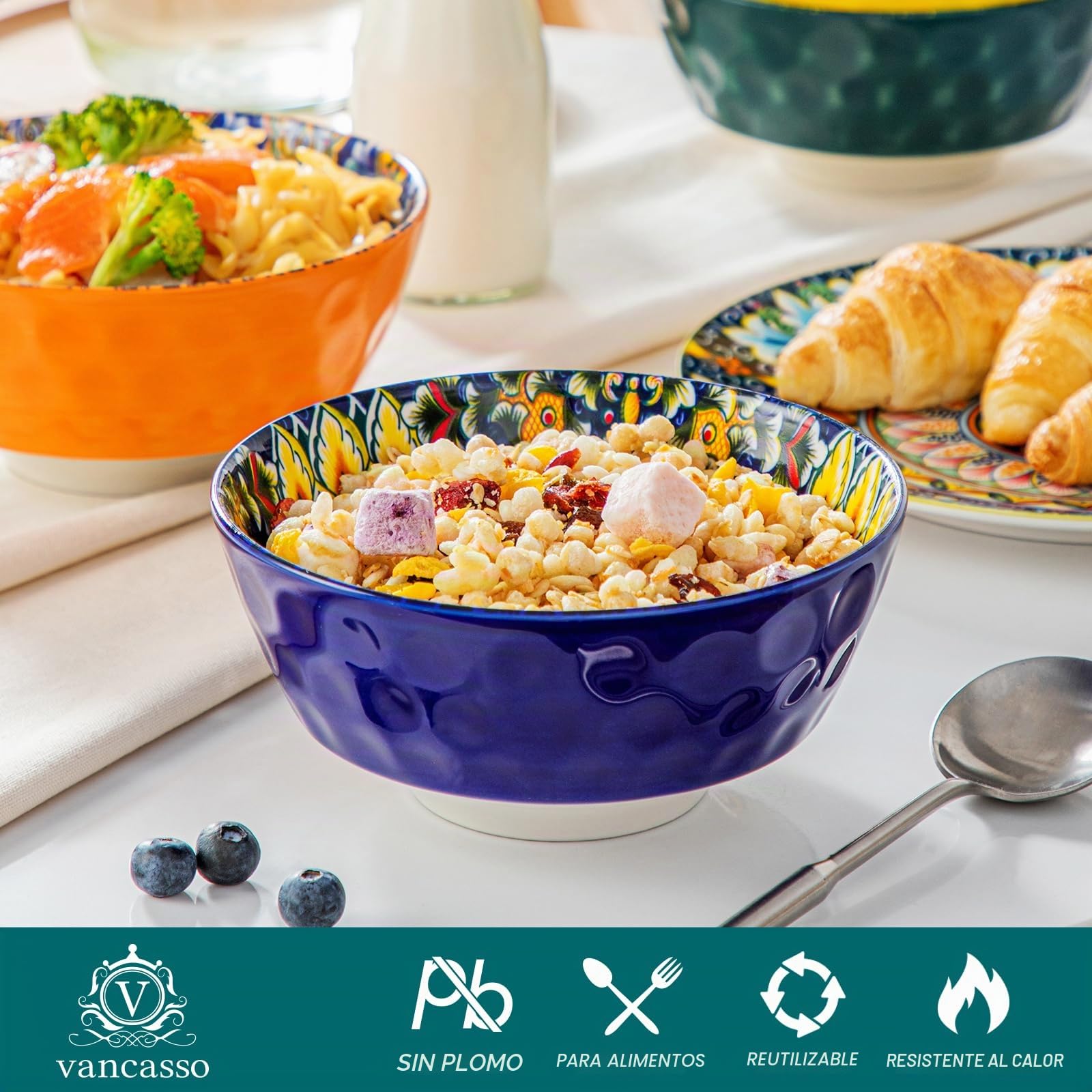 vancasso SIMI Cuencos de Pasta Set de 6, 21cm Porcelana Plato Hondo, 950ml Platos para Ensalada, Juego de Ensaladera Grande, Tazón de Frutas, Apto para Lavavajillas e Microondas, Estilo bohemio