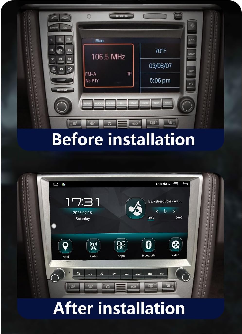 Before and after installation of the CHSTEK Android Car Radio in a Porsche dashboard