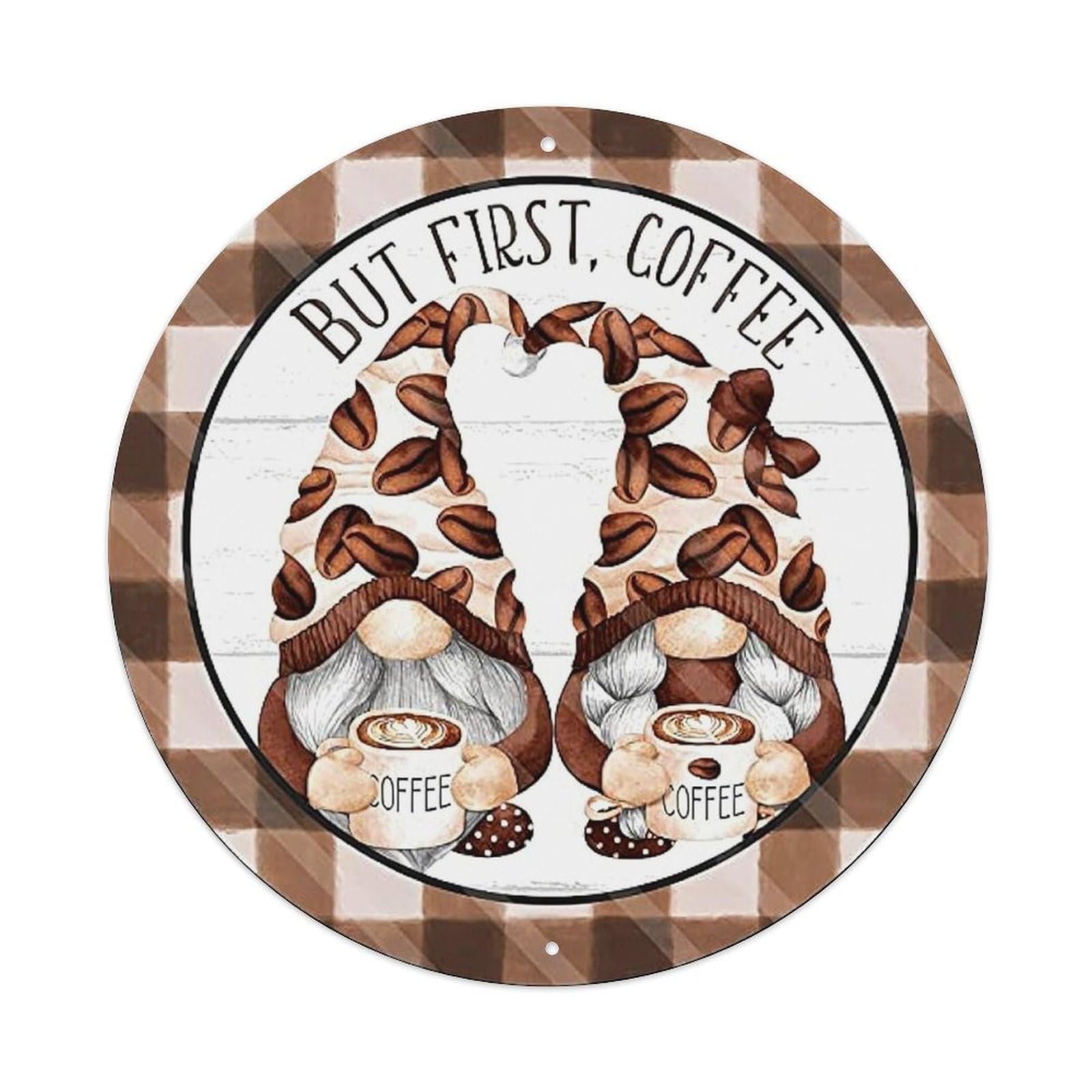 Gnomes Coffee Beans Plaid Background Tin Sign Metal Poster Vintage Metal Signs for Home Man Cave Bar Cafe Kitchen laundry room Wall Decorations Gift 8x8Inch