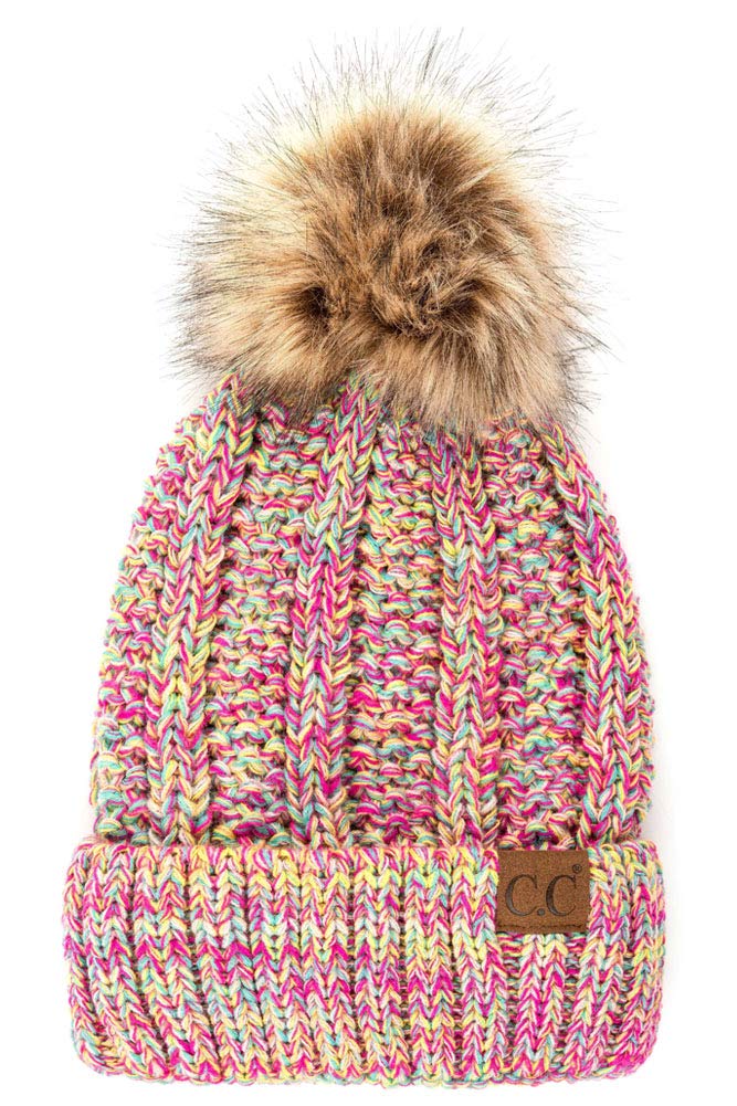 ScarvesMe Winter Thick Multicolor Cable Knit Hat with Fuzzy Lining with Fur Pom