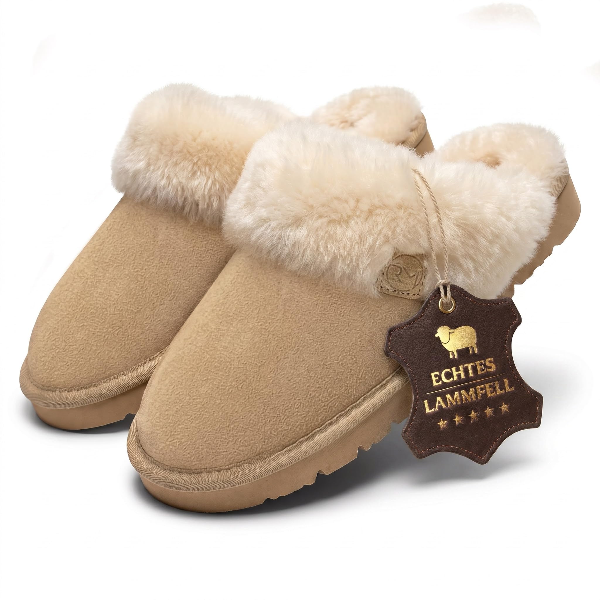 Rohn Moden Lammfell Hausschuhe Damen– Talea – Warme Hausschuhe Damen mit Schaffell & rutschfester EVA-Sohle – Winter Pantoffeln für zuhause – Slipper gefüttert - Braun Rose Grau
