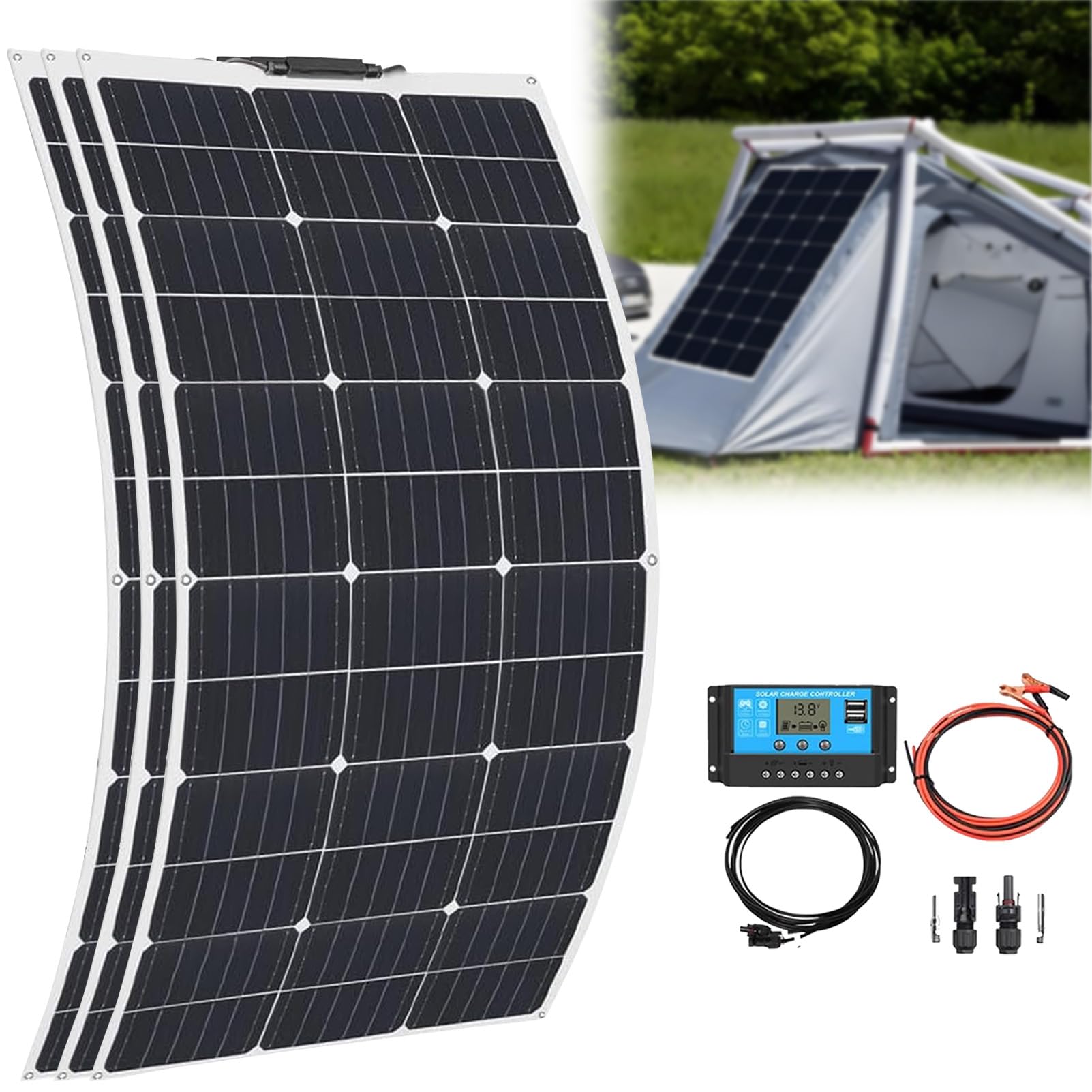 Panneaux PhotovoltaïQues, Panneaux Solaires Monocristallin, avec ContrôLeur Solaire 40a, 300w, pour Camping-Car, Camper, Van, Bateaux Et Autres Surfaces InéGales. 3×200w