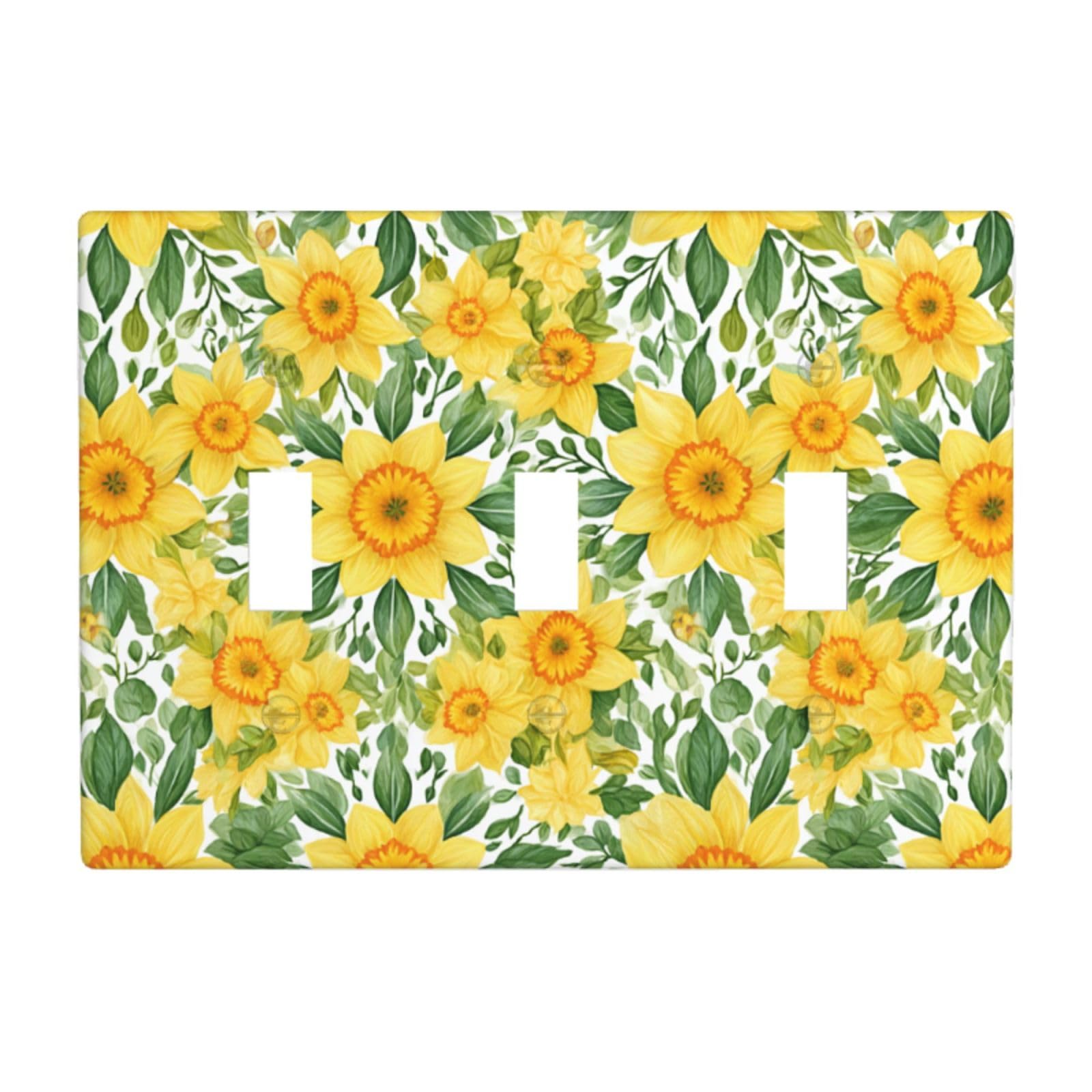 Woshuwo White Daffodil Flower Mandala Yellow Light Switch Covers 3 Gang Triple Toggle Wall Plate Switchplate Electrical Faceplate For Bathroom Kitchen Bedroom Decor