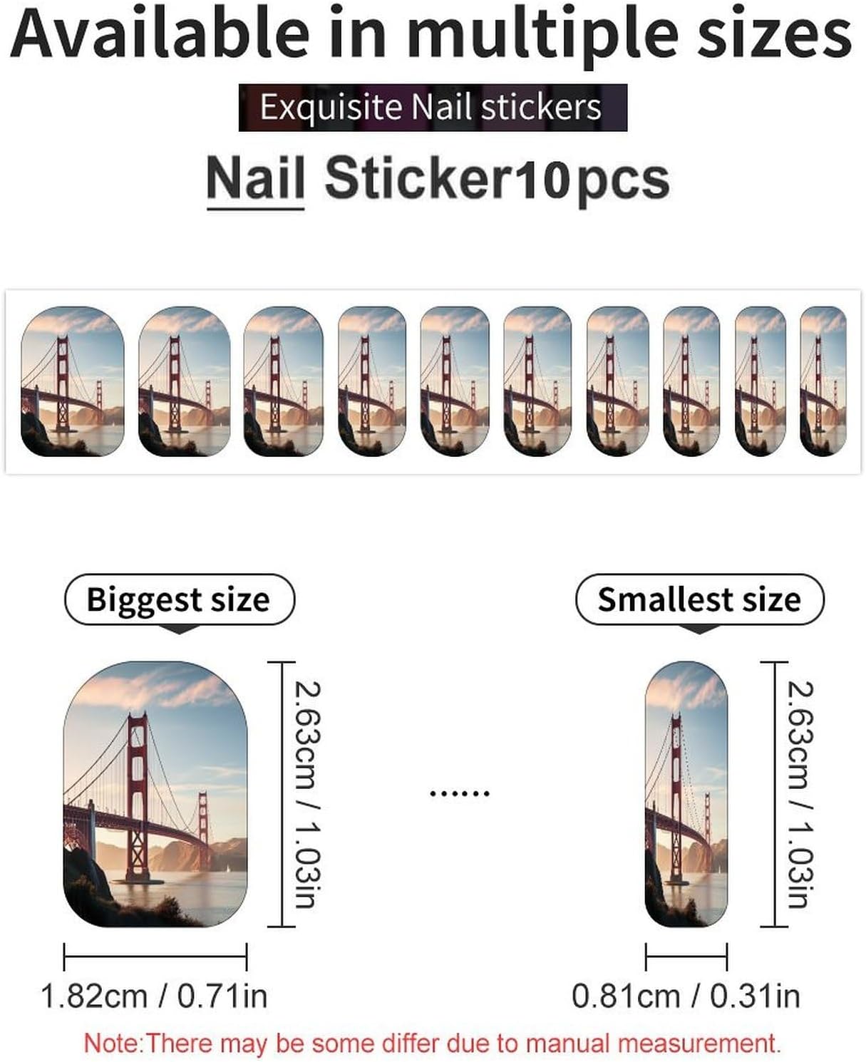 Golden Gate BridgeSummer Nail Stickers Nail Strips | Nail Art Stickers of 10 sets with decorate fingernails,toenails,artificial nails Full Cover Easy On-Off Non-Damaging