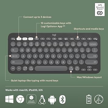 Logitech Pebble Keys 2 K380s Wireless Bluetooth Keyboard - Tonal Graphite