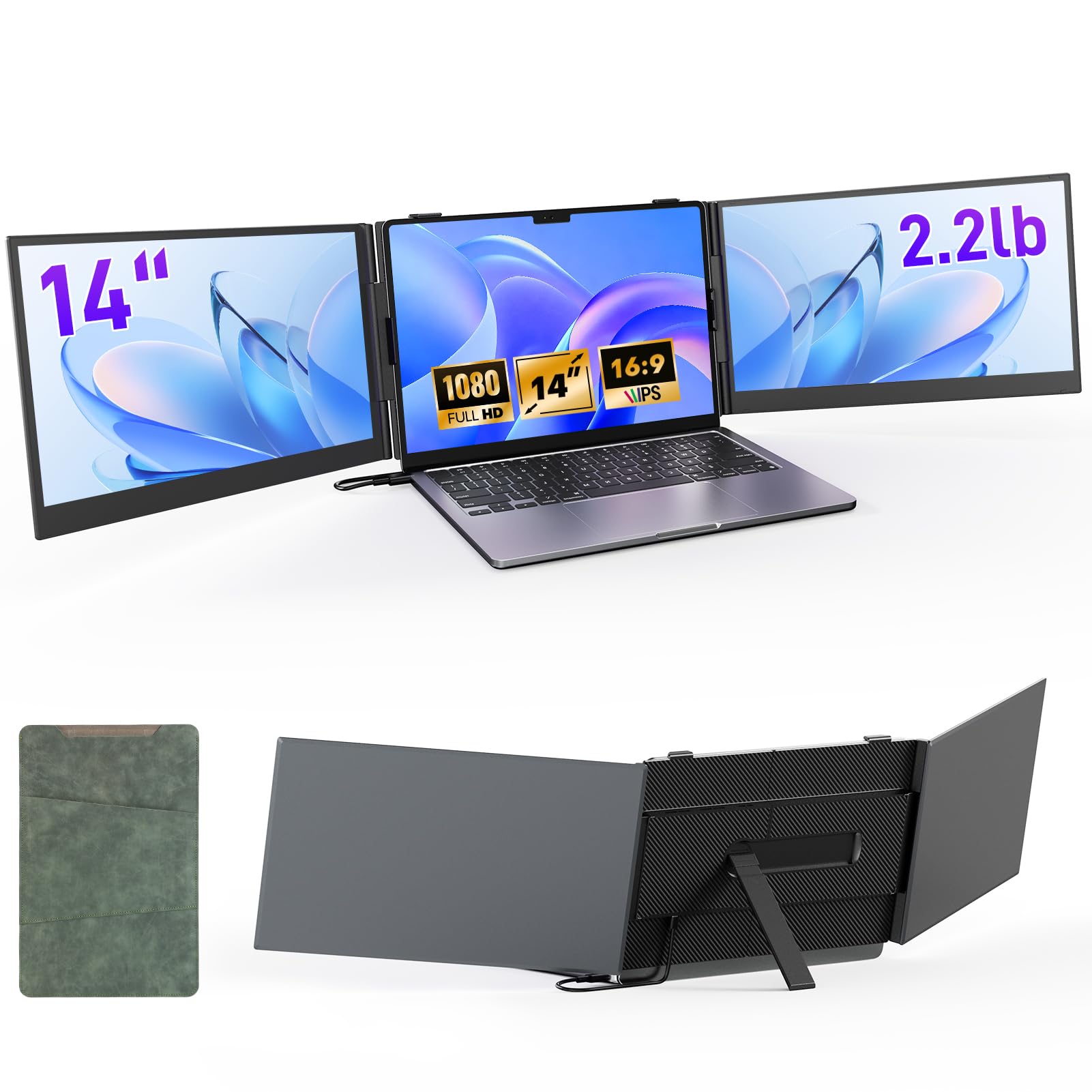 Redalf Laptop Bildschirm Erweiterung,14" 1080P Dreifacher tragbarer Laptop Screen Extender für 13 bis 16,1 Zoll Laptops,2 Monitoren und integrierten Lautsprechern,für MacOS/Windows/Chrome/Dex
