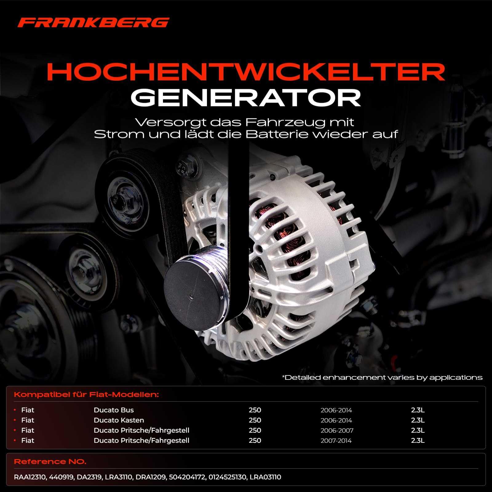 Frankberg Lichtmaschine Generator Kompatibel mit Ducato Bus 250 290 2.3L 2006-2014 Ducato Kasten 250 2.3L 2006-2014 Ducato Pritsche/Fahrgestell 250 290 2.3L 2006-2014 Replace# 504204172