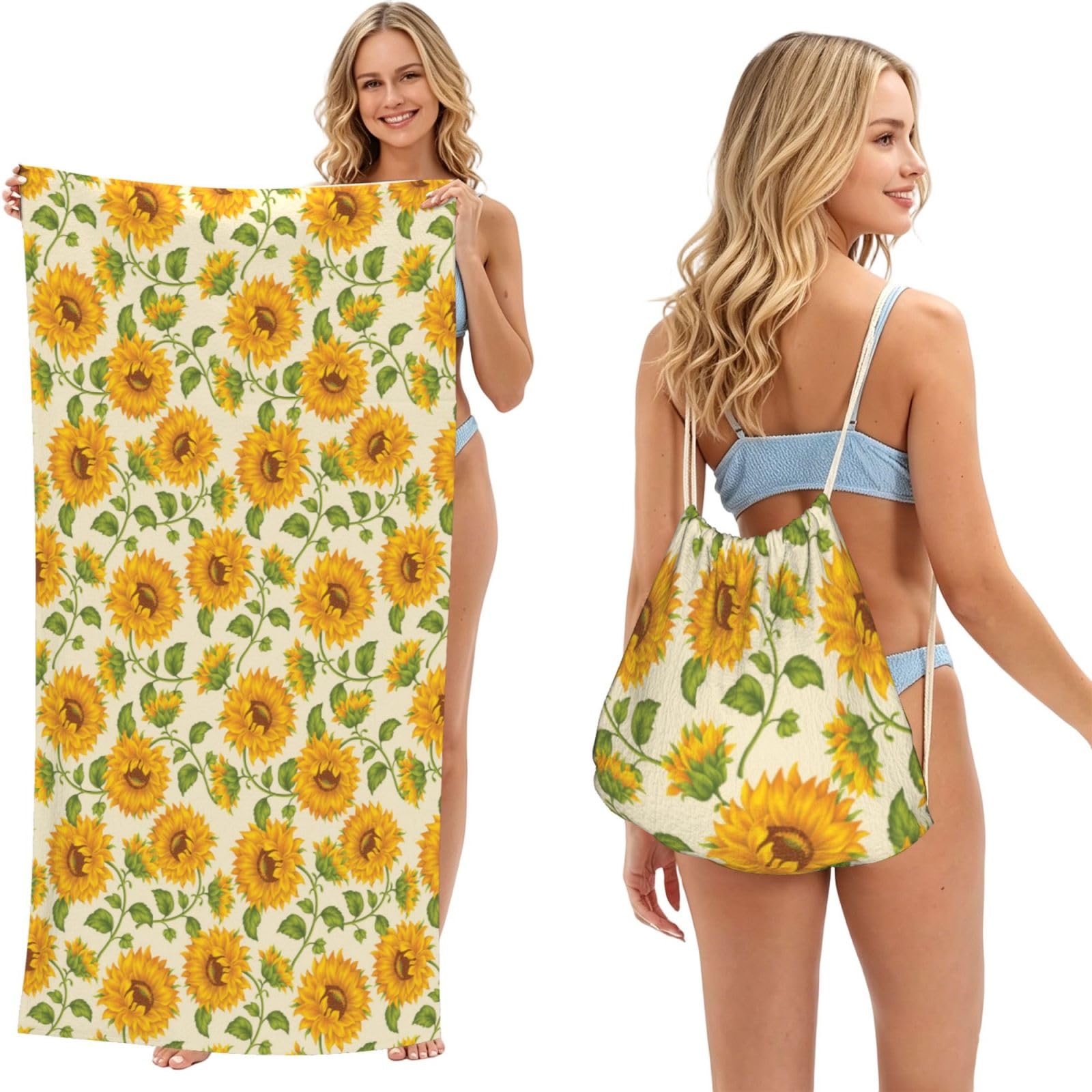Poadnly As Picture Drawn Sunflower, 2 In 1 Packable Towel Bag, Beach Towels With Drawstring Backpack For Travel Holiday Camping