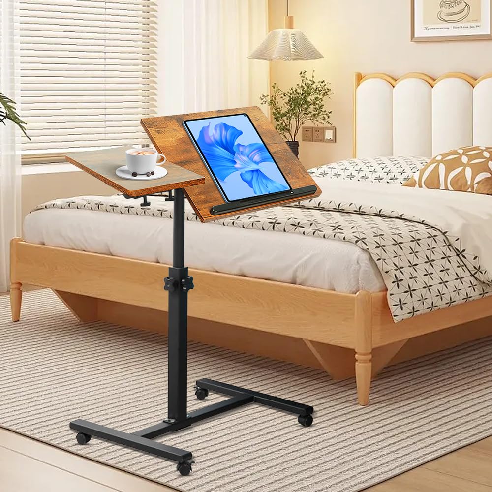 LANTUS Bureau d'Ordinateur, Table de Bureau, Bout de canapé avec 4 roulettes Verrouillables Table de Lit, Idéal pour Lit et Fauteuil, Plateau,60 x 34,5 x 58/90 cm (Cerisier)