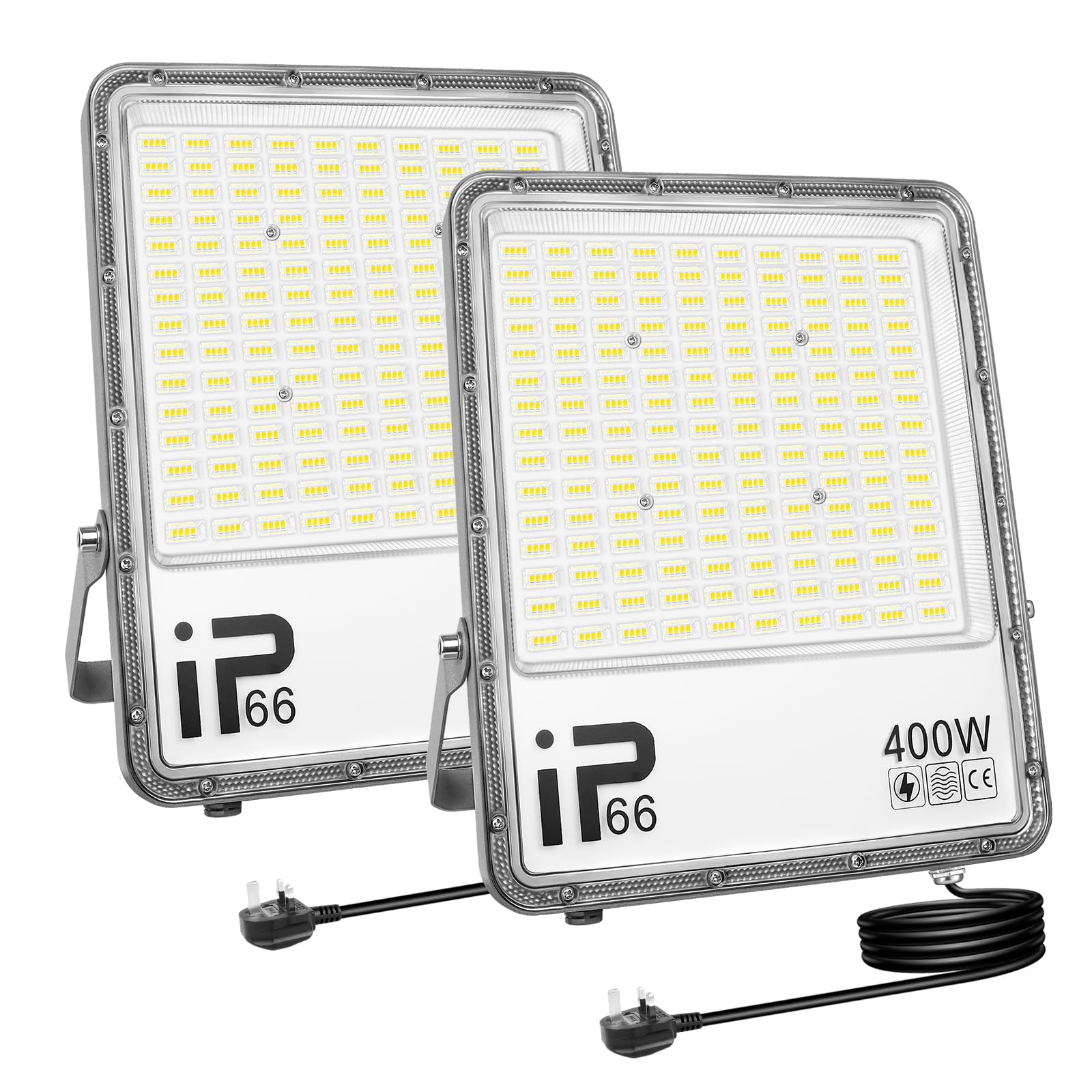 RIGIDON 2Pcs 400W LED Flood Light Outdoor with 1.5M Plug, 40000LM Super Bright Outdoor Lights 6000K Daylight White IP66 Waterproof Security Lights for Garden, Garage, Yard, Sports Ground, Patio, Porch