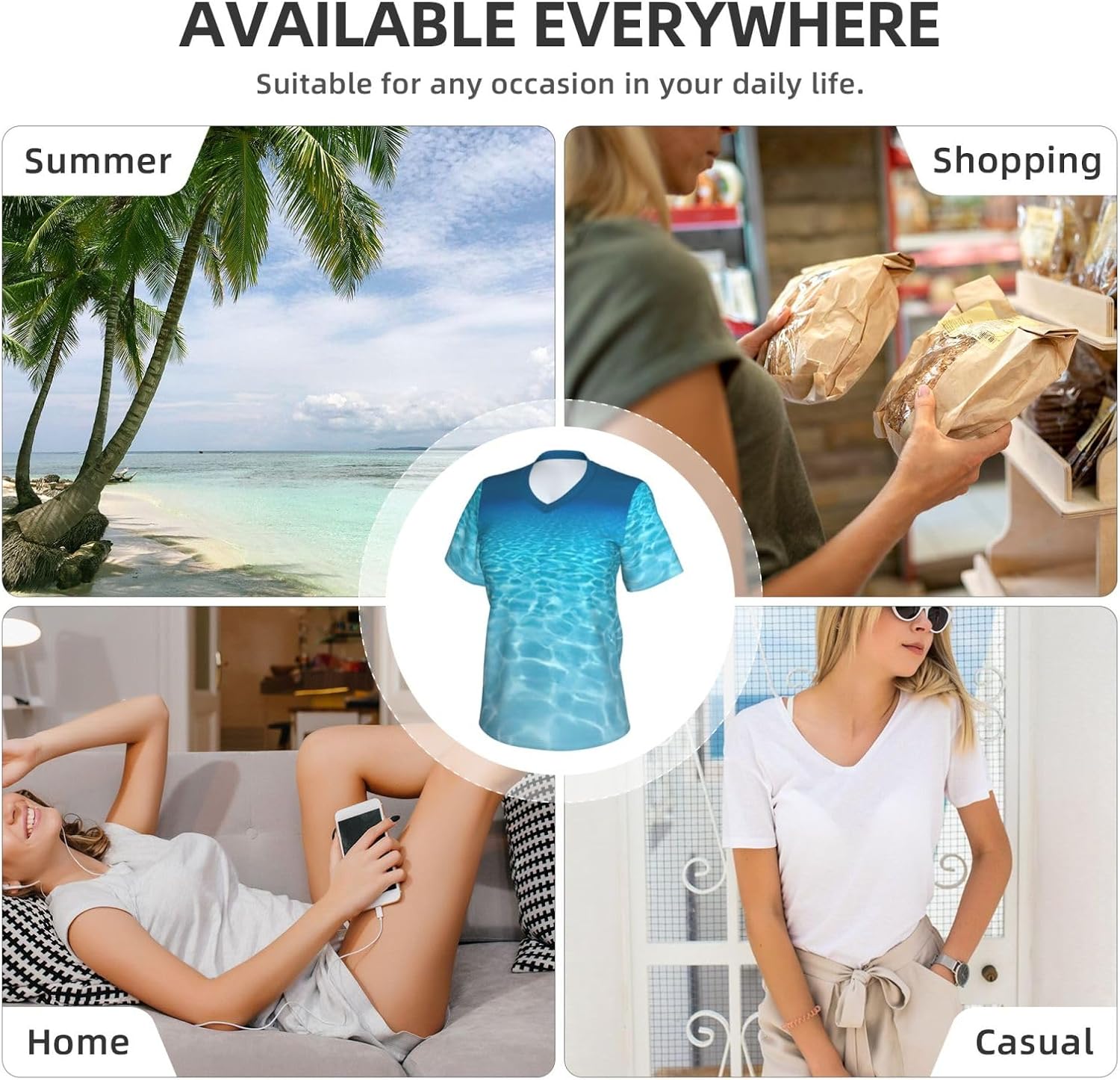 Women Casual Tranquil Underwater Scenery Print V-Neck T-Shirt Short Sleeve Summer Trendy Tops.
