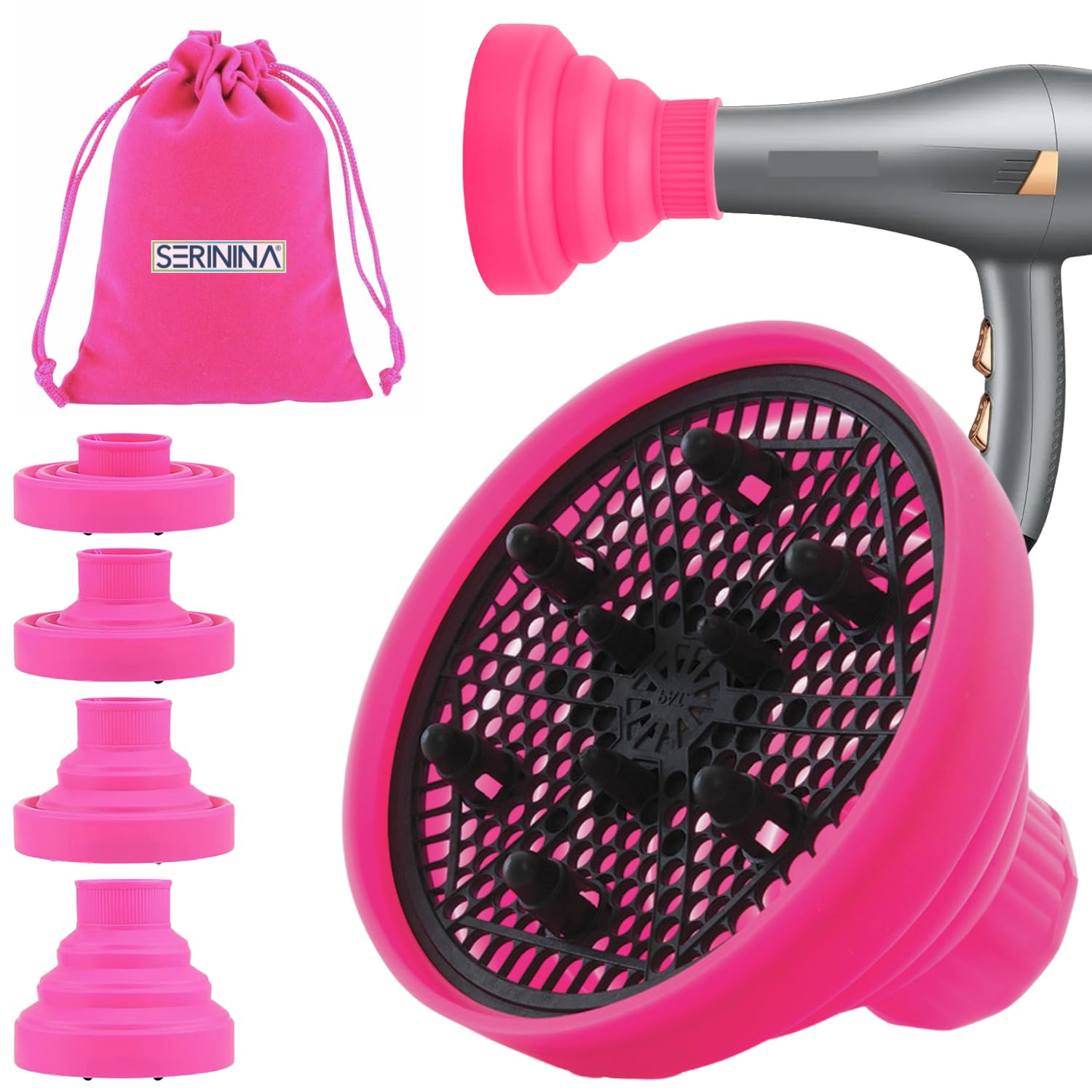 Diffusore Universale Capelli Ricci Phon - Accessori Asciugacapelli per farti bellissima - Con sacchetto - da Viaggio (ROSA | DIAMETRO 4-5,5 cm)