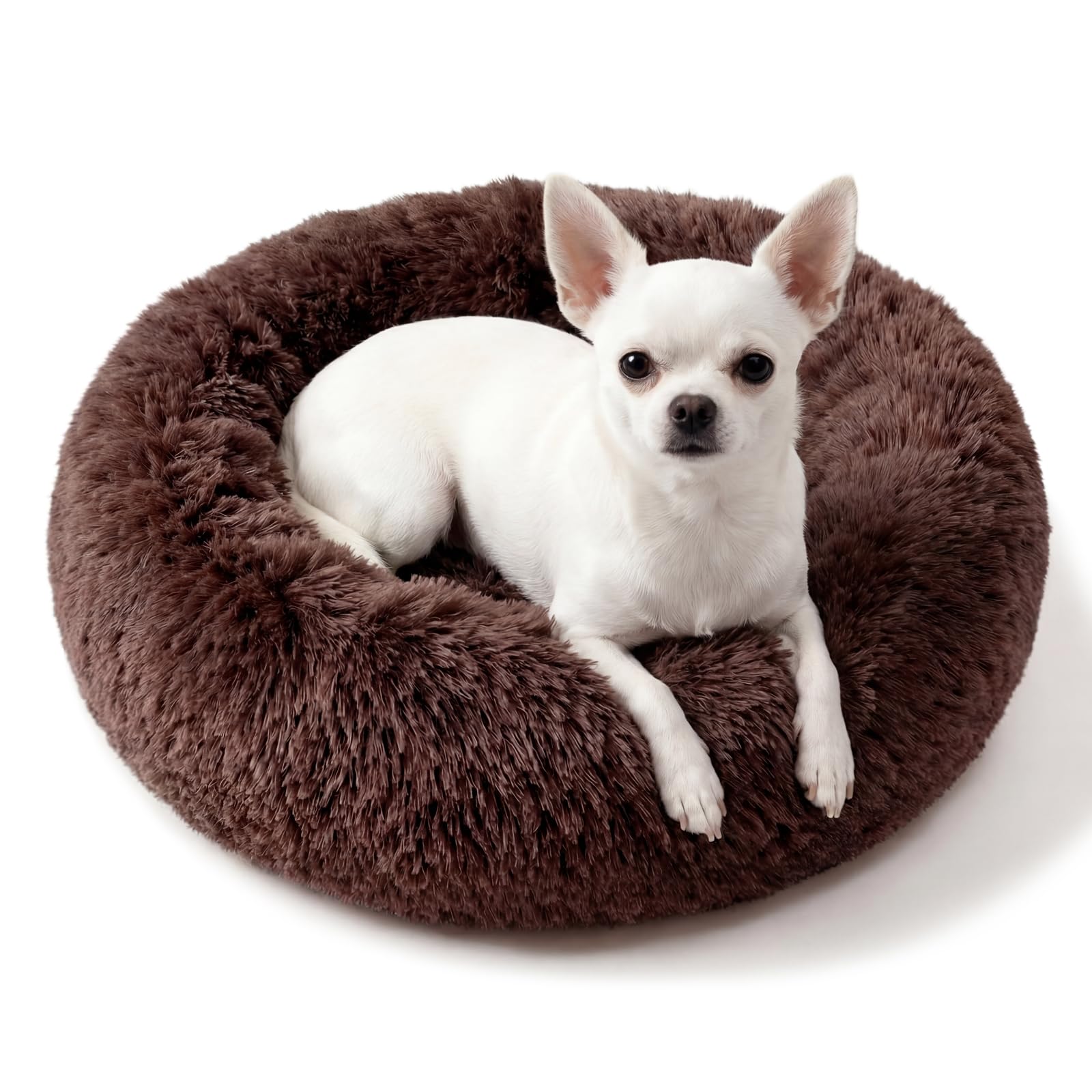 Calming Donut Dogs Beds for Small Dogs Washable,19inch Fluffy Round Puppy Bed for Puppies,Cats & Toy Breeds with Raised Rim,Fits up to 15 lbs Pets,Chocolate Brown — image 1