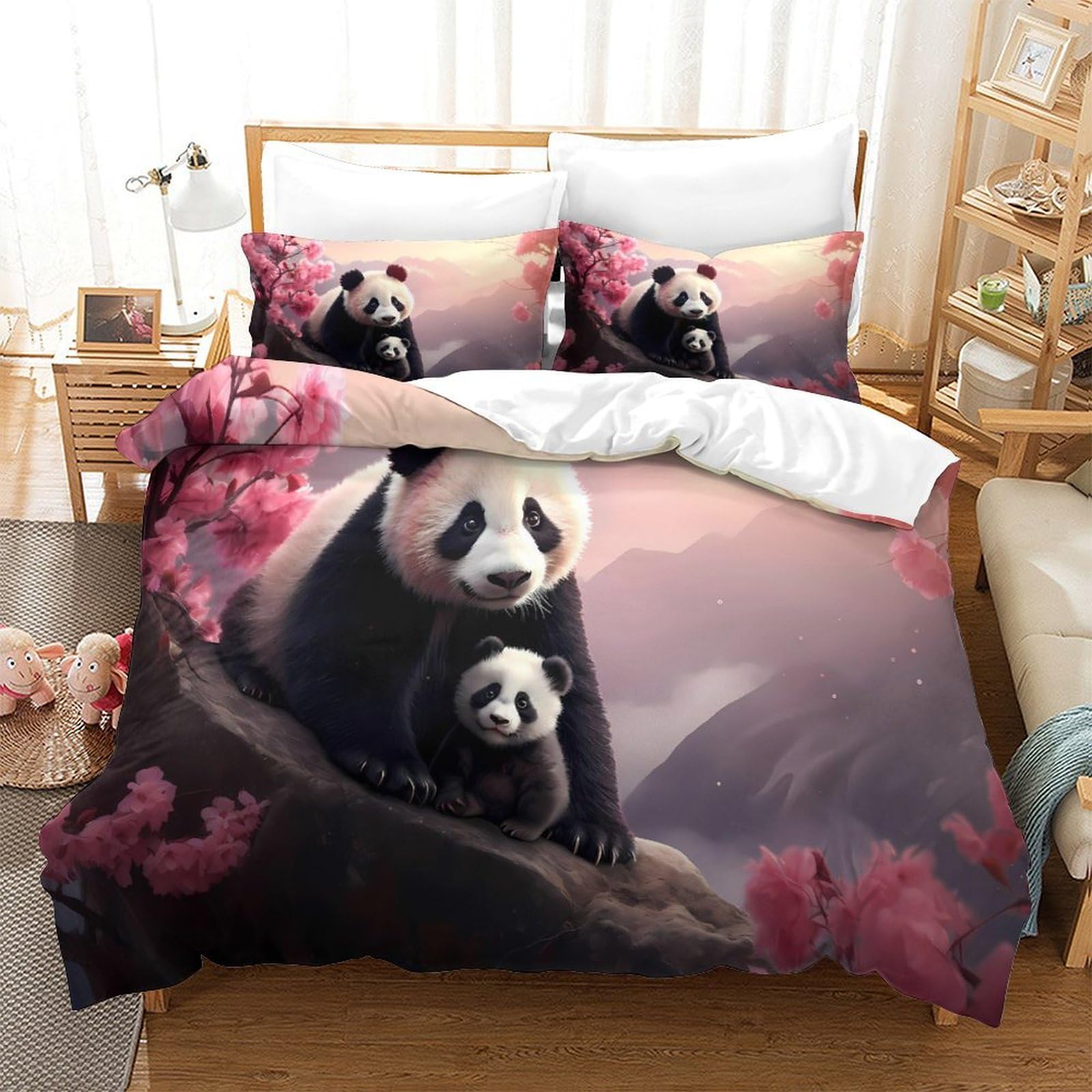 Panda-Pärchen Bettbezug 3 Teilig Mikrofaser Reißverschluss Hautfreundlich Bettdeckenbezug 3D Gedruckt Weich Kuschelig mit Kissenbezug Schlafkomfort for Teen Jungen & Fans King（220x240cm）