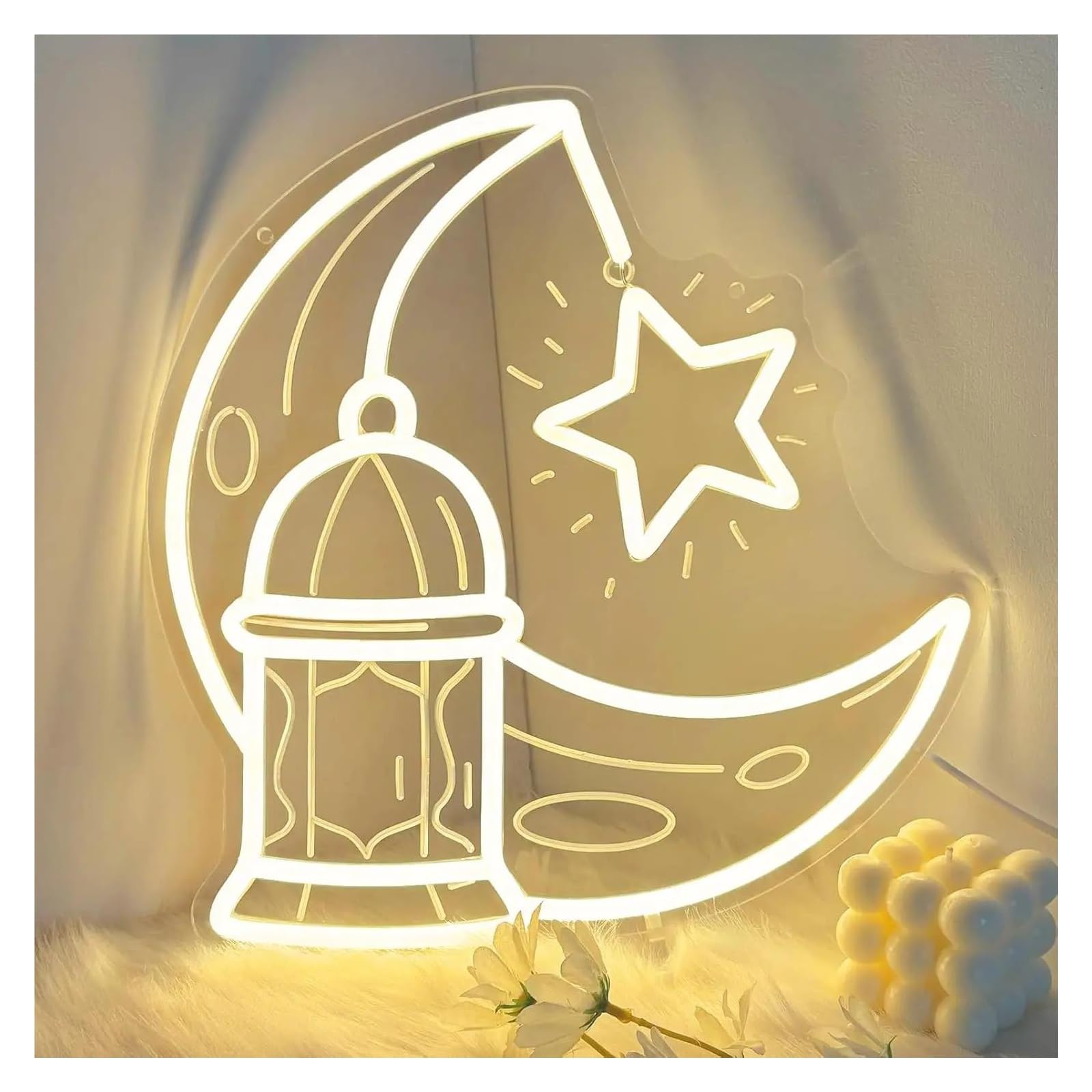 LEMST Signs Lamp Ramadan Neon Sign Castle Moon Star Neon Light Sign By USB for Bedroom Wedding Party 34.1x32.5cm