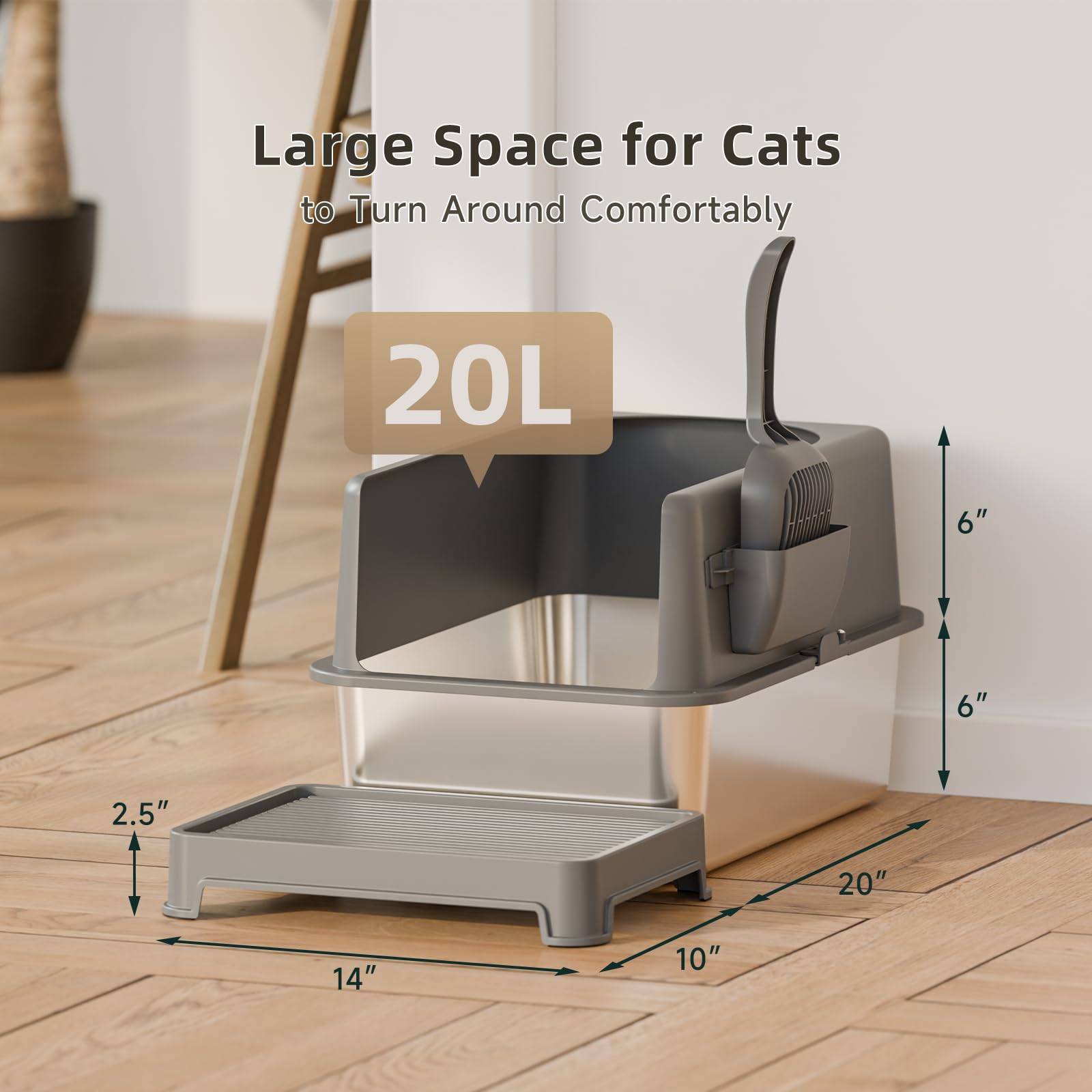 High-Sided Stainless Steel Cat Litter Box,Stainless Steel Litter Box with Lid,Extra Medium Box,Easy-to-Clean Metal Litter Pan for Cats (20''L X 14''W X 12''H with Enclosure) - image 2