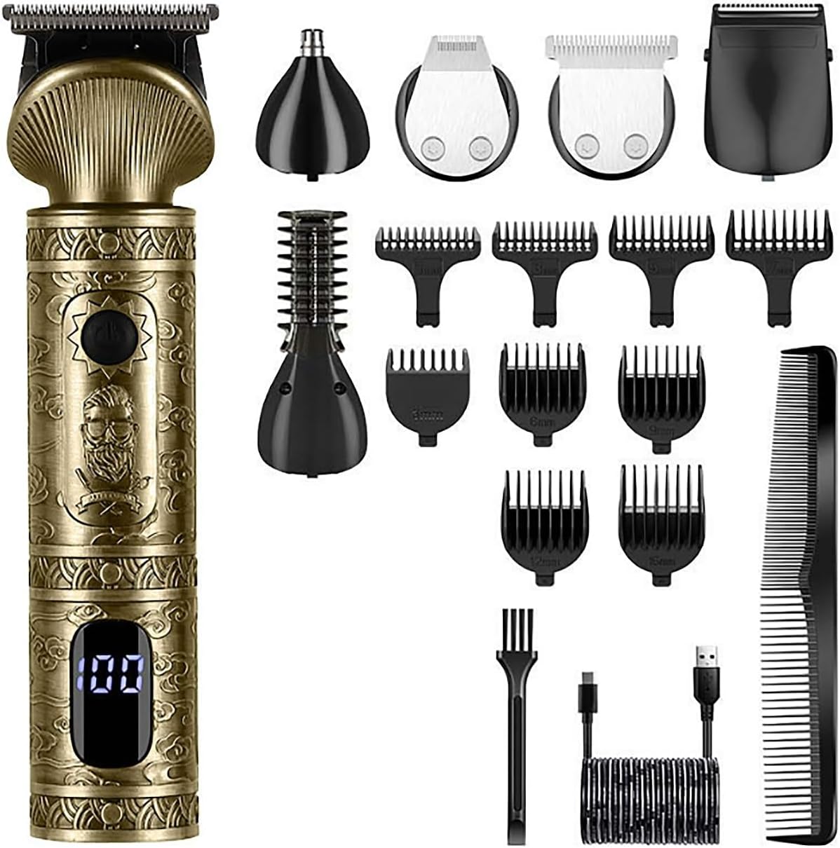 Hair Clippers for Men, 6 In 1 Beard Trimmer Kit For Men Professional Hair Clipper Trimmer T-Blade Trimmer Nose Trimmer Beard Hair Shaver Nose Trimmer(Bronze)