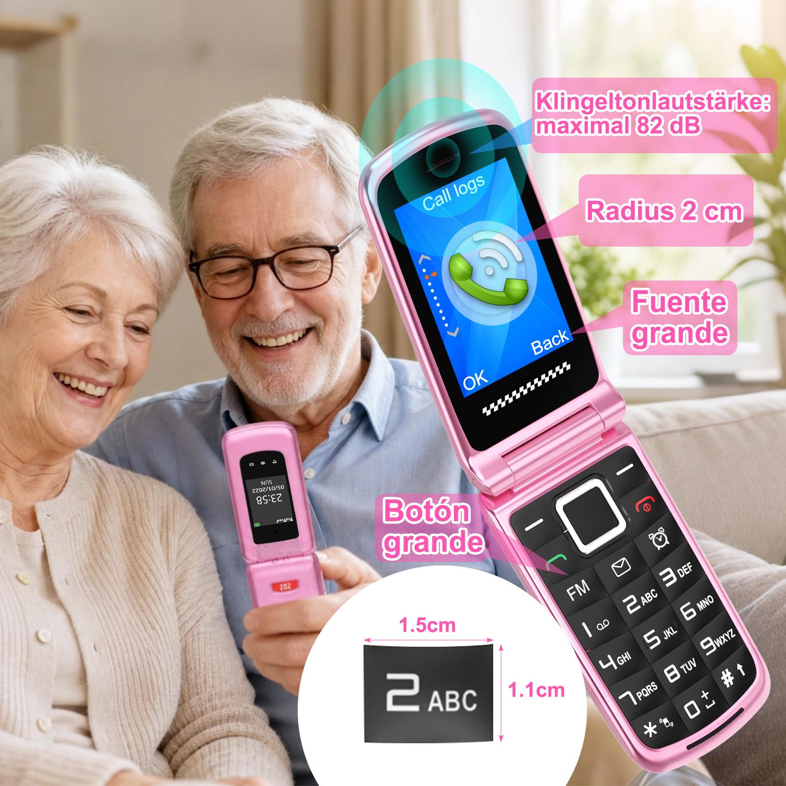 4G Telefono Movil para Mayores Libre | Teclas Grandes | Fácil de Usar Teléfono Móvil Personas Mayores| Doble SIM Doble Pantalla LCD | Locución por Voz |Botón SOS| Base Cargadora| Batería 1000mah|Rosa
