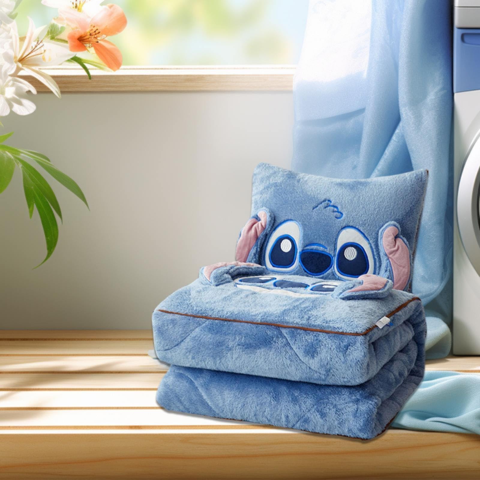 Stitch Kissendecke 2 in 1, flauschig weiches Reisekissen,Plüschdecke für TV-Sofa, Büro, Schlafdecke,Stitch Decke 2 in 1,Geschenk für Jungen,Mädchen,Freunde und Familie- (A, Offen 105 * 145CM)