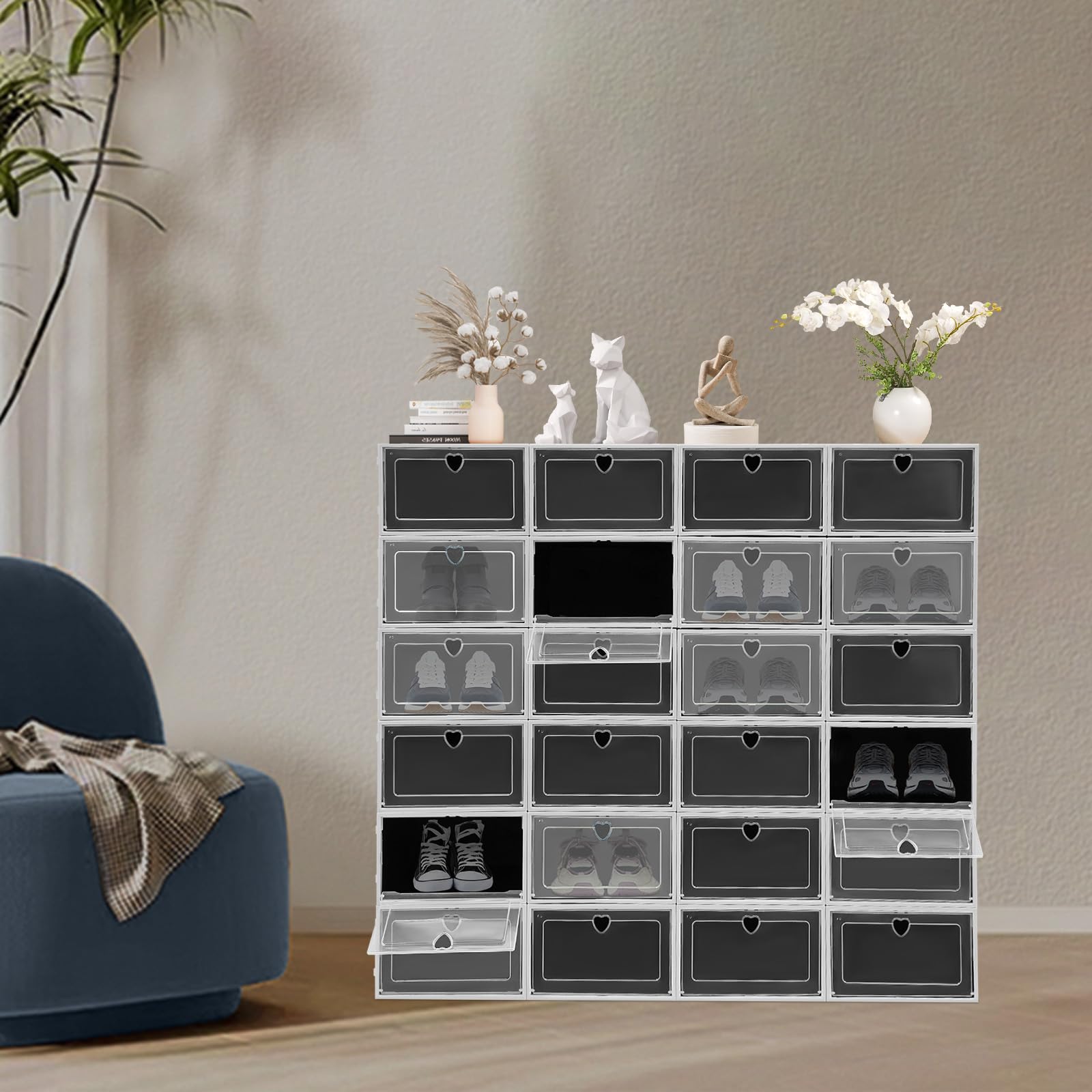 DKSLALALI Large Shoe Storage Organizer, 24 Pack Shoe Storage Box Thicken Sturdy Plastic Shoe Drawers with Lids Stackable Shoe Container Bins for Sneakers Storage Interlocking Design Shoe Rack (Black)