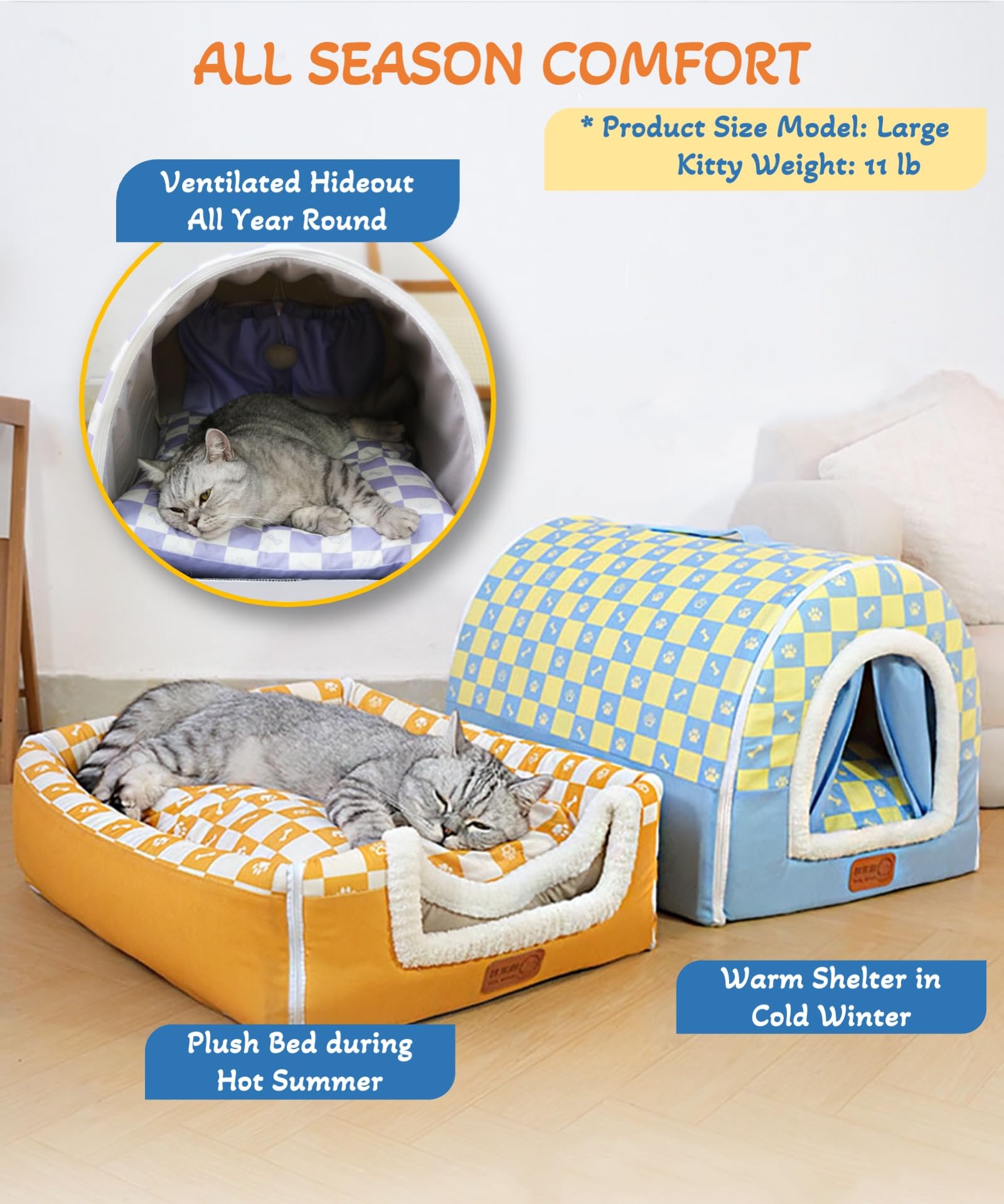 Cuccia multiuso 2 in 1, morbida cuccia per cani e gatti, trasformabile in letto con cuscino caldo e tenda, fodera portatile rimovibile e lavabile (Deluxe, grigio a quadri, grande)