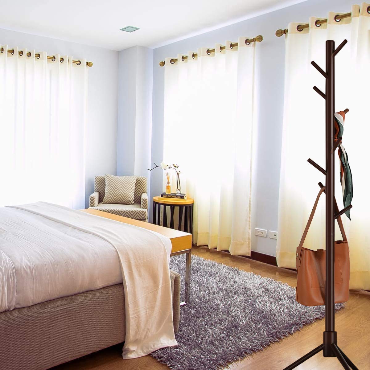 TIM Beech Wooden Coat Rack Stand with 8 Hooks, Entryway Hall Tree with 3 Wood Prong Legs and 3 Adjustable Sizes Free, Coat Hanger Stand for Home or Office Hall BROWN