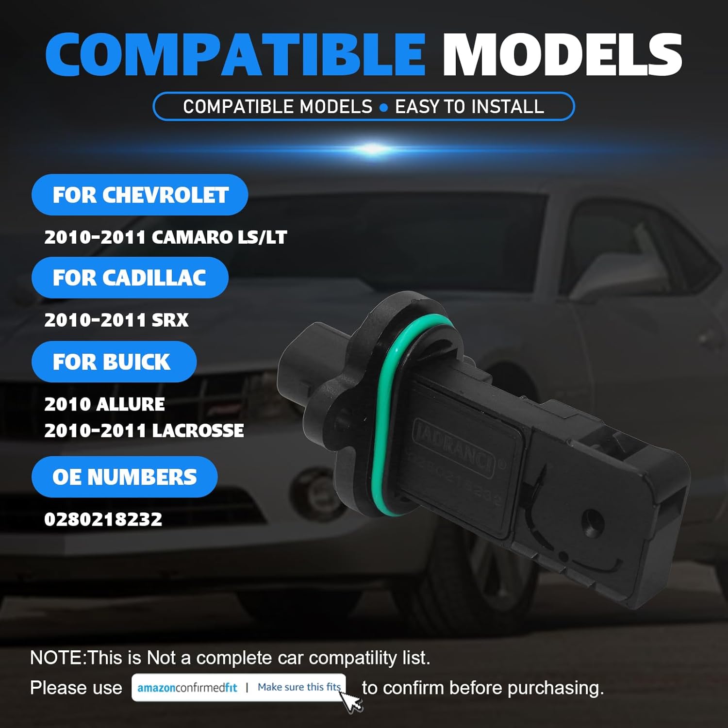 0280218232 Mass Air Flow MAF Meter Sensor for Chevrolet Camaro LS LT 2010-2011 Cadillac SRX Buick Allure Lacrosse