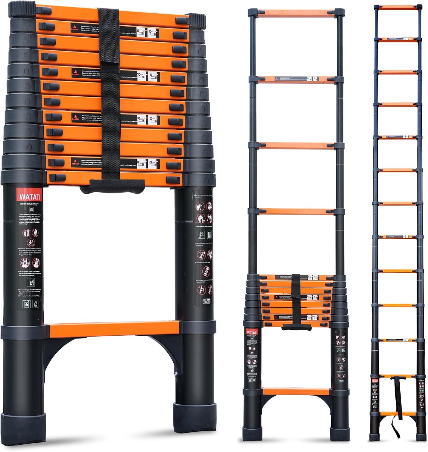 Telescoping Ladder, 12.5FT Aluminum Collapsible Extension Ladder with 2 Triangle Stabilizers & Non-Slip Feet, Portable Ladder Max Capacity 330 LBS for Home, RV, Outdoor(Orange)