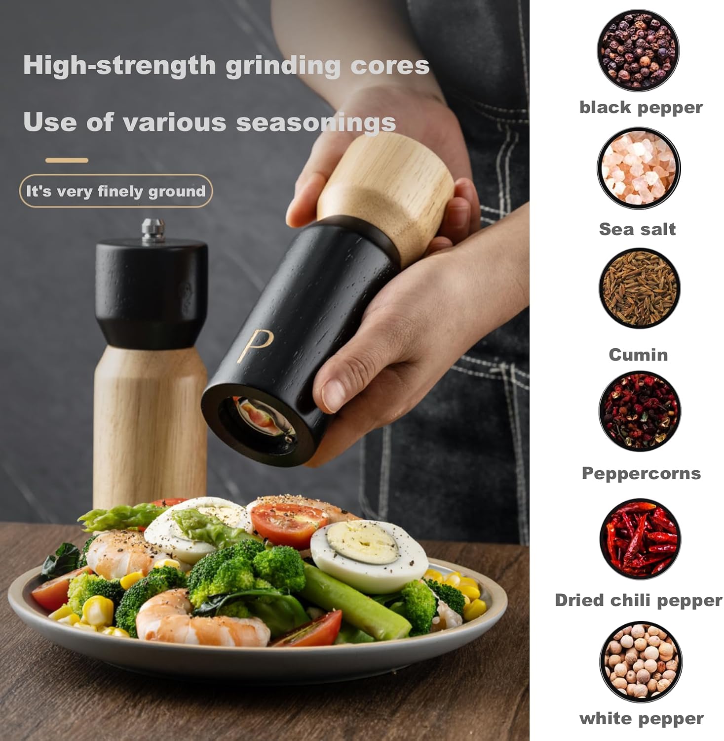 Wooden Salt and Pepper Grinder Set, Refillable Salt & Pepper Mills Shakers,Manual Pepper Mill Made of Rubber Wood with Adjustable Ceramic Steel Core,with Wooden Stand & Spoon (2pcs 6.5 inches)