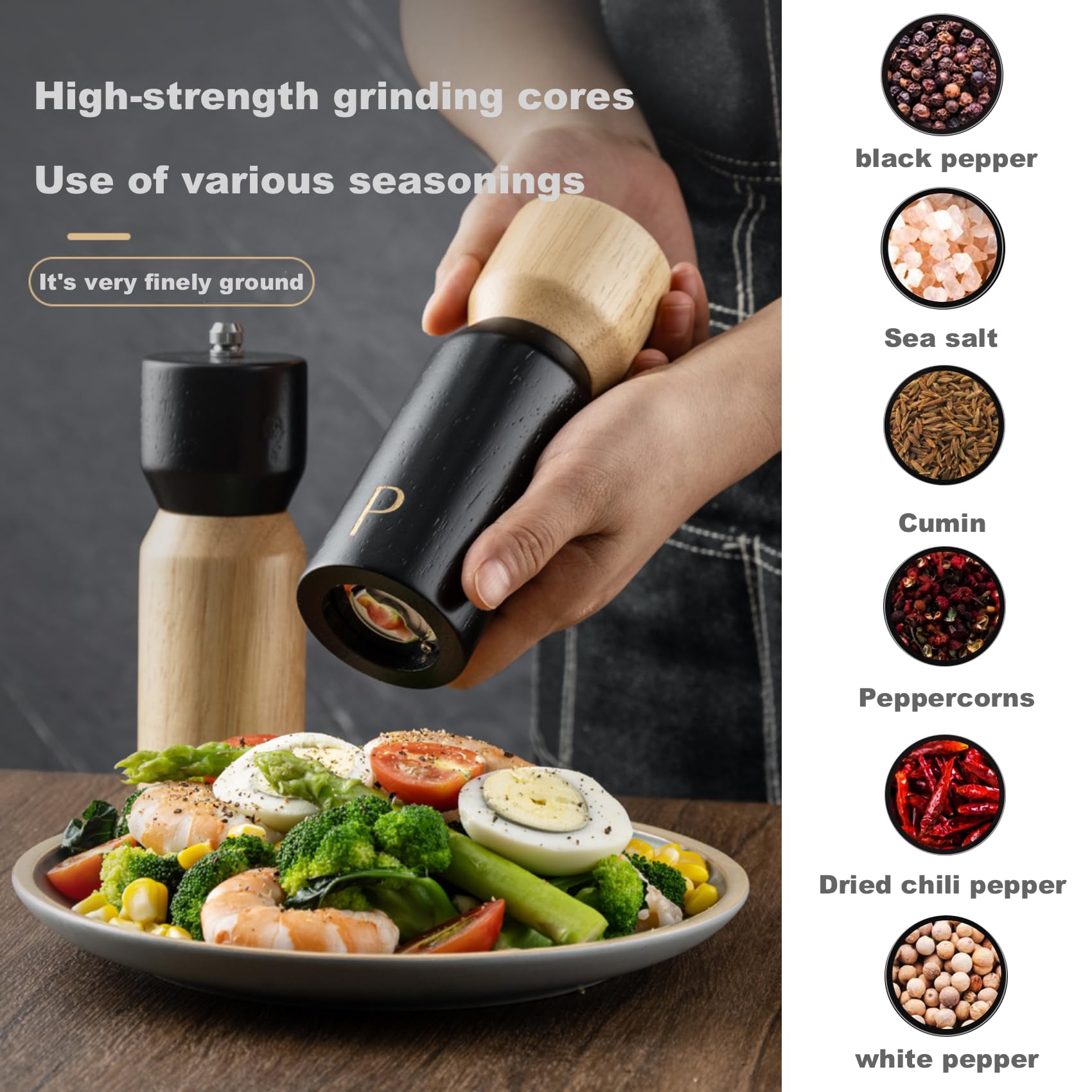 Salz und Pfeffermühle aus Holz mit untersetzer und Löffel,2er set Keramikmahlwerk Gewürzmühle,manuelle Pfeffermühle,Gewürzmühle Grinder mit verstellbarem Mahlwerk für Gewürze Pfeffer Salz 17cm