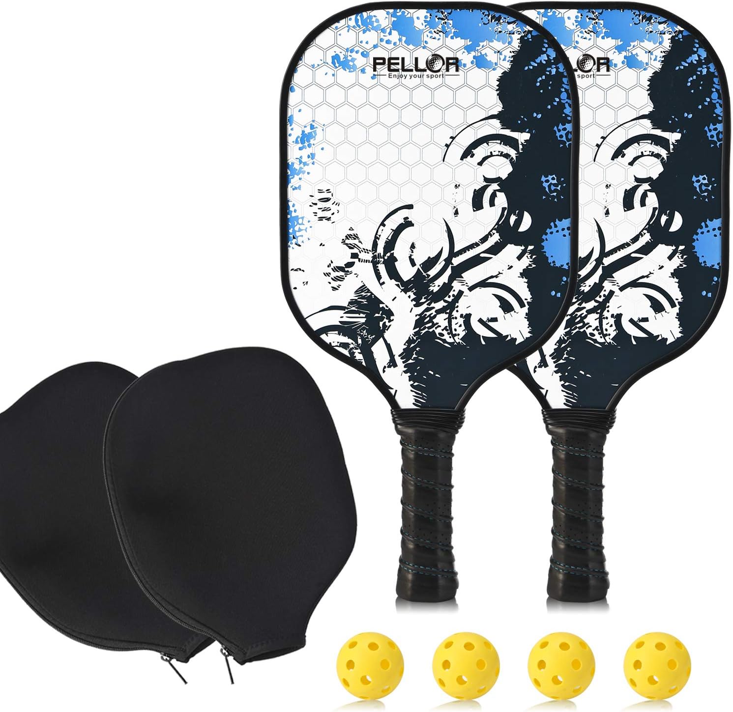 Pickleball Paddle Set of 2 Graphite Pickleball Rackets Honeycomb Core Pickle Ball Racket with 4 Pickleballs and 2 Covers - Best Pickleball Racquet Game Sets + Cover