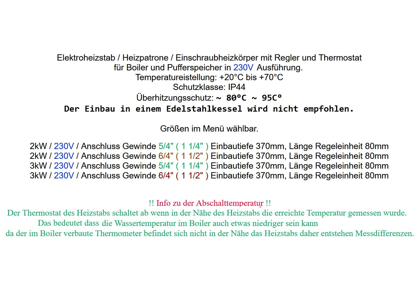Elektroheizstab 2kW, 3KW - 230V Gewinde 5/4", 6/4" für Boiler/Pufferspeicher (W-2kW Gewinde 5/4")