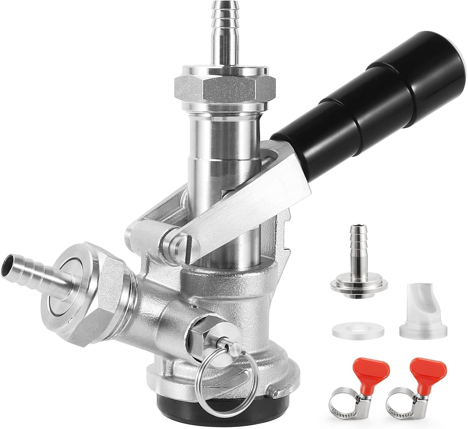 All Stainless Steel D Keg Coupler, O.D 1/4'' & 5/16” Beer Tailpiece & 5/16'' Gas Barb Commercial Kegerator Sankey Keg Coupler D Coupler Keg Tap Beer Keg Coupler for Kegerator with Hose Clamp