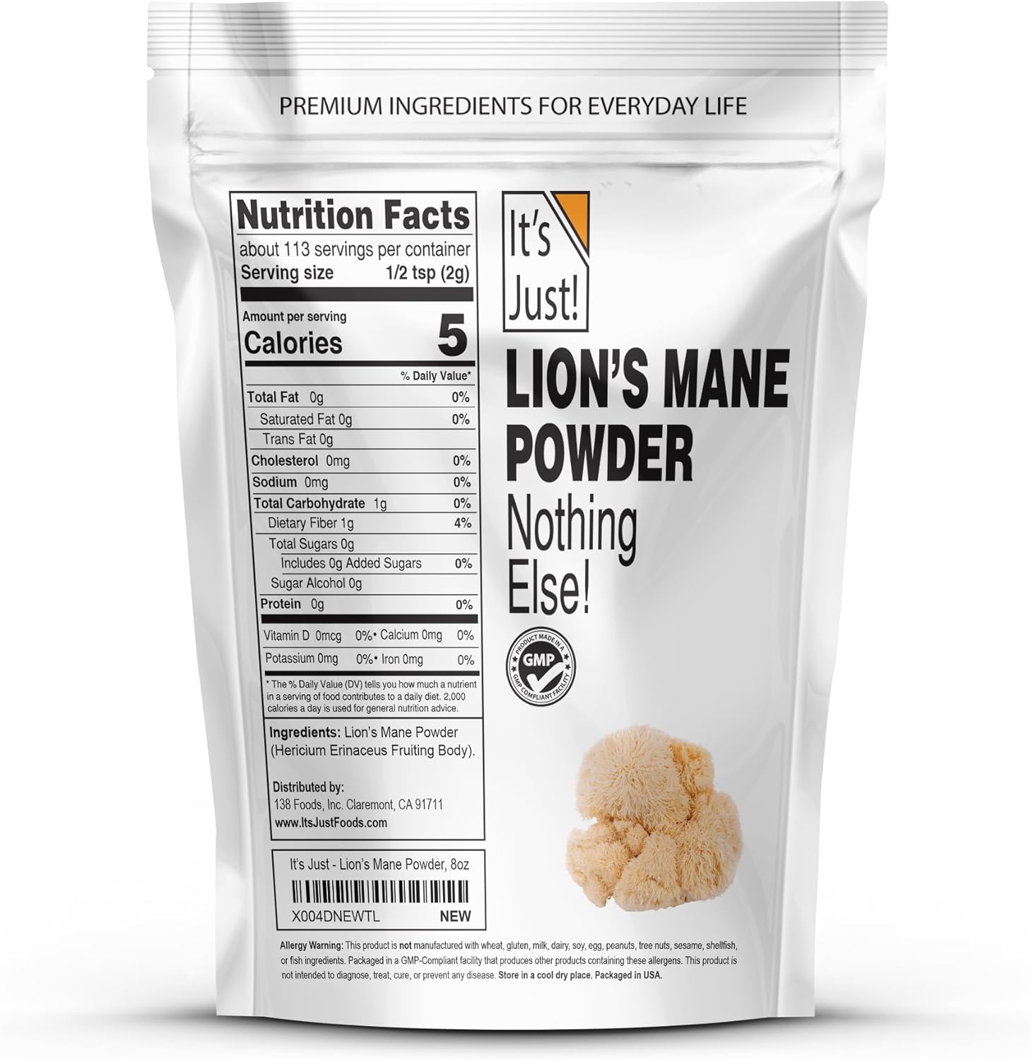 It's Just! - Lion's Mane Mushroom Powder, Natural Raw Superfood, Brain Support, Immune Health, Boost Energy, Non-GMO, 8oz - Image 2