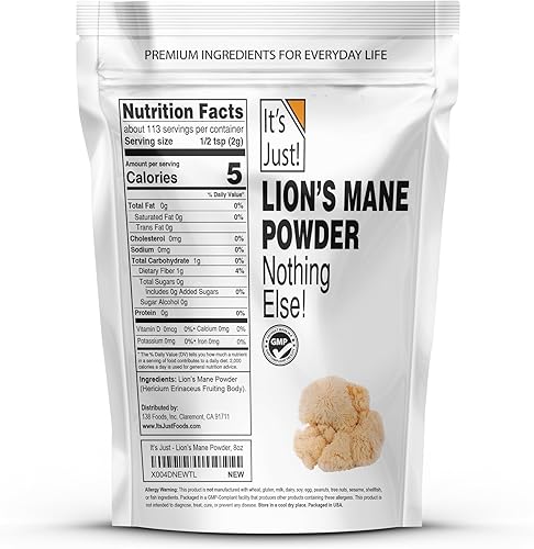 Miniatura 2 de It's Just! - Polvo de hongo de melena de león, superalimento crudo natural, apoyo cerebral, salud inmunológica, impulso de energía, sin OMG, 8 onzas