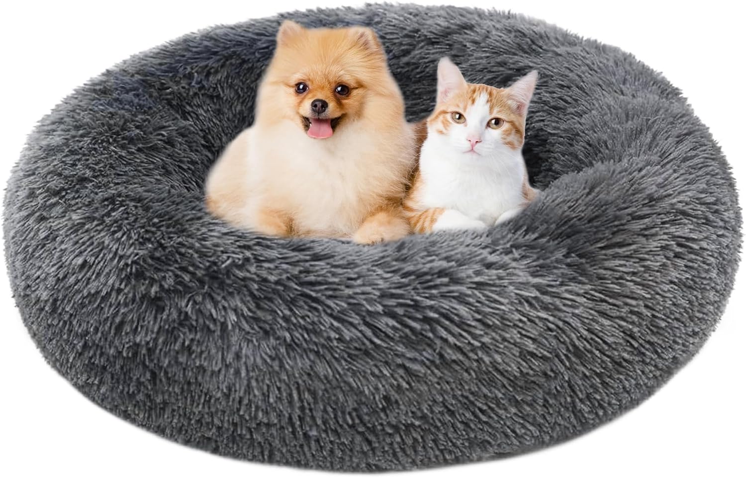 LENAUQ Plush Donut Dog Bed, Calming Round Dog Cat Bed Washable Faux Fur